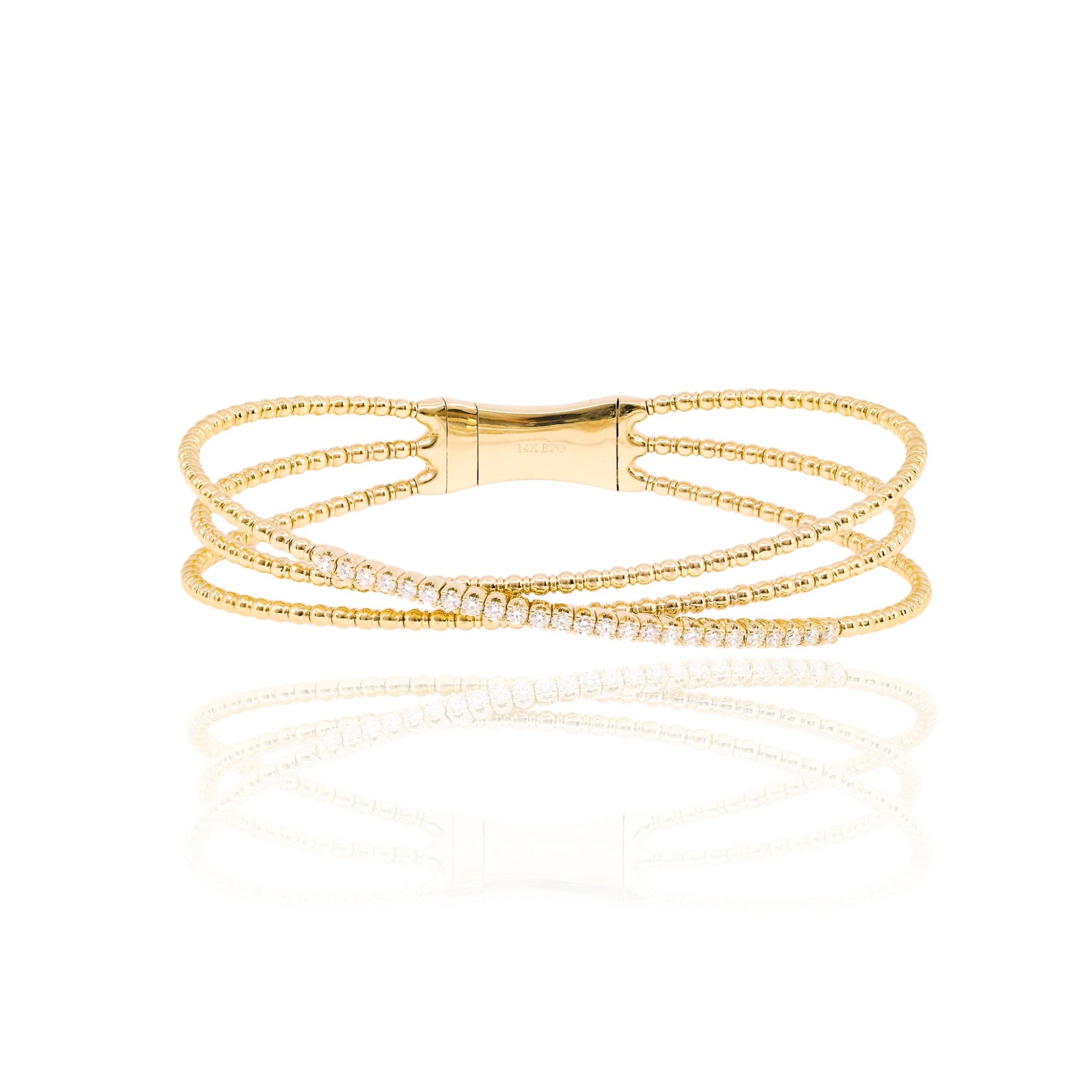14K YELLOW GOLD TRIPLE STRAND DIAMOND FLEXIBLE BEADED BANGLE BRACELET B250