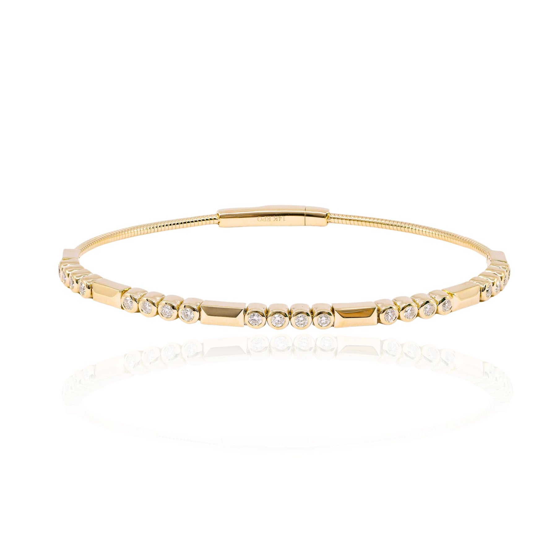 14K YELLOW GOLD BAR AND BEZEL DIAMOND FLEXIBLE BANGLE BRACELET B276 14KY