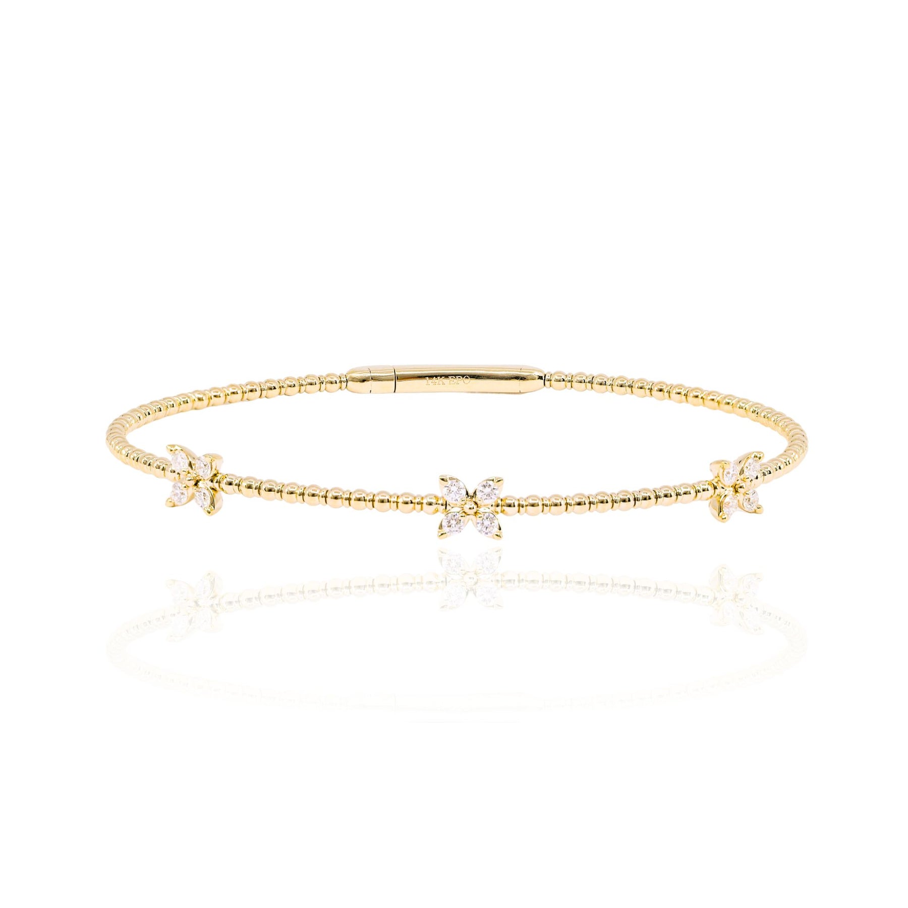 14K YELLOW GOLD FLEXIBLE DIAMOND THREE-FLOWER BANGLE BRACELET B271 14KY