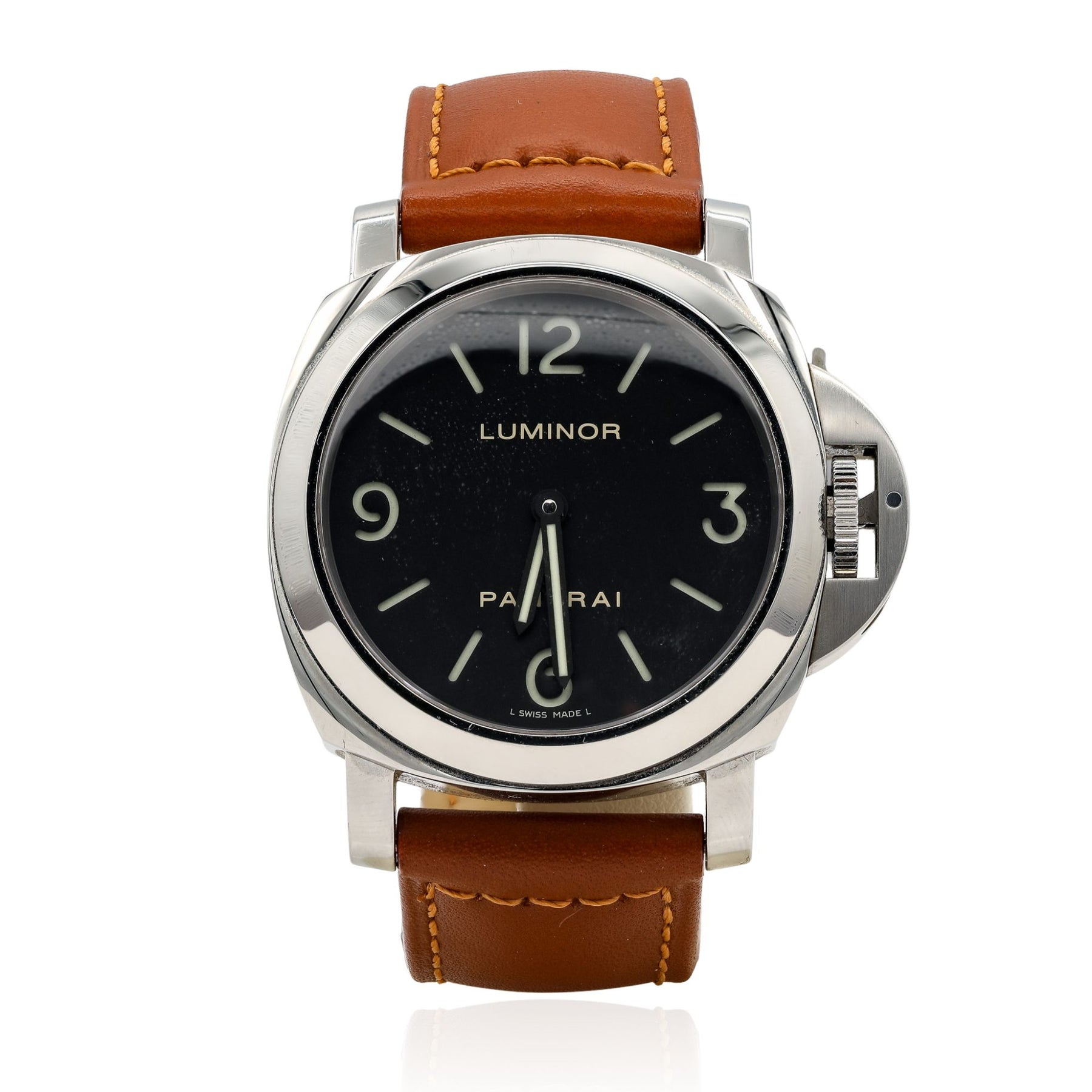 PRE-OWNED 2016 44MM PANERAI LUMINOR WATCH WITH BLACK DIAL AND BROWN LEATHER STRAP PAM00112