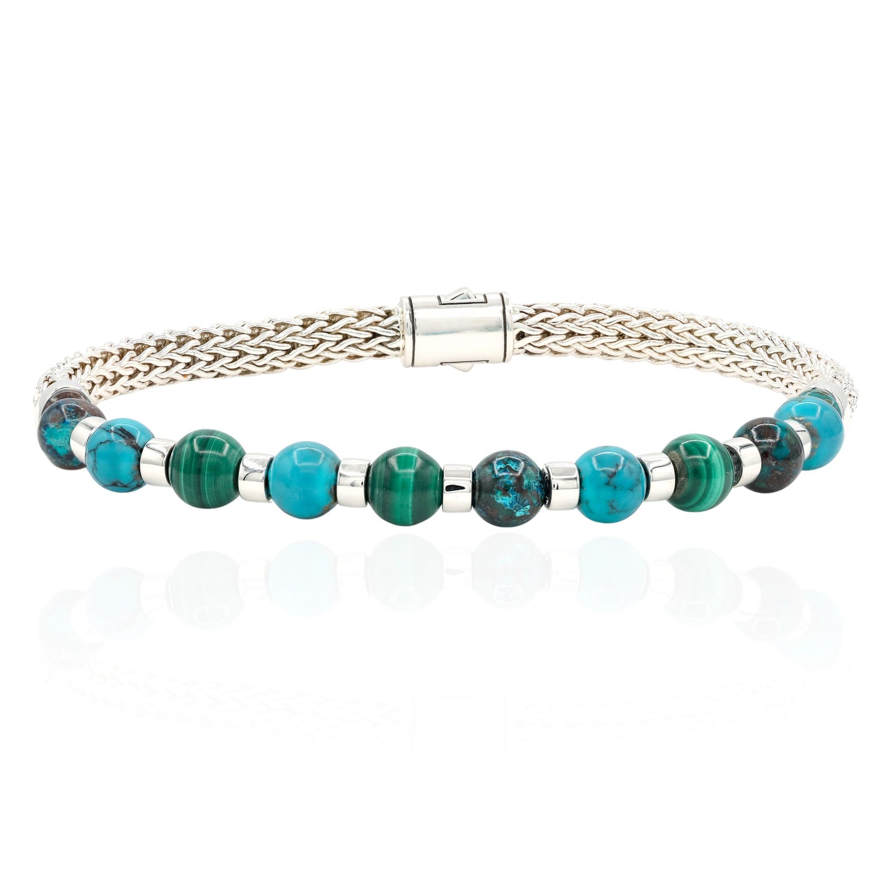 JOHN HARDY LARGE STERLING SILVER MALACHITE AND TURQUOISE CHAIN BRACELET BUS989601TQMHCRYXUL