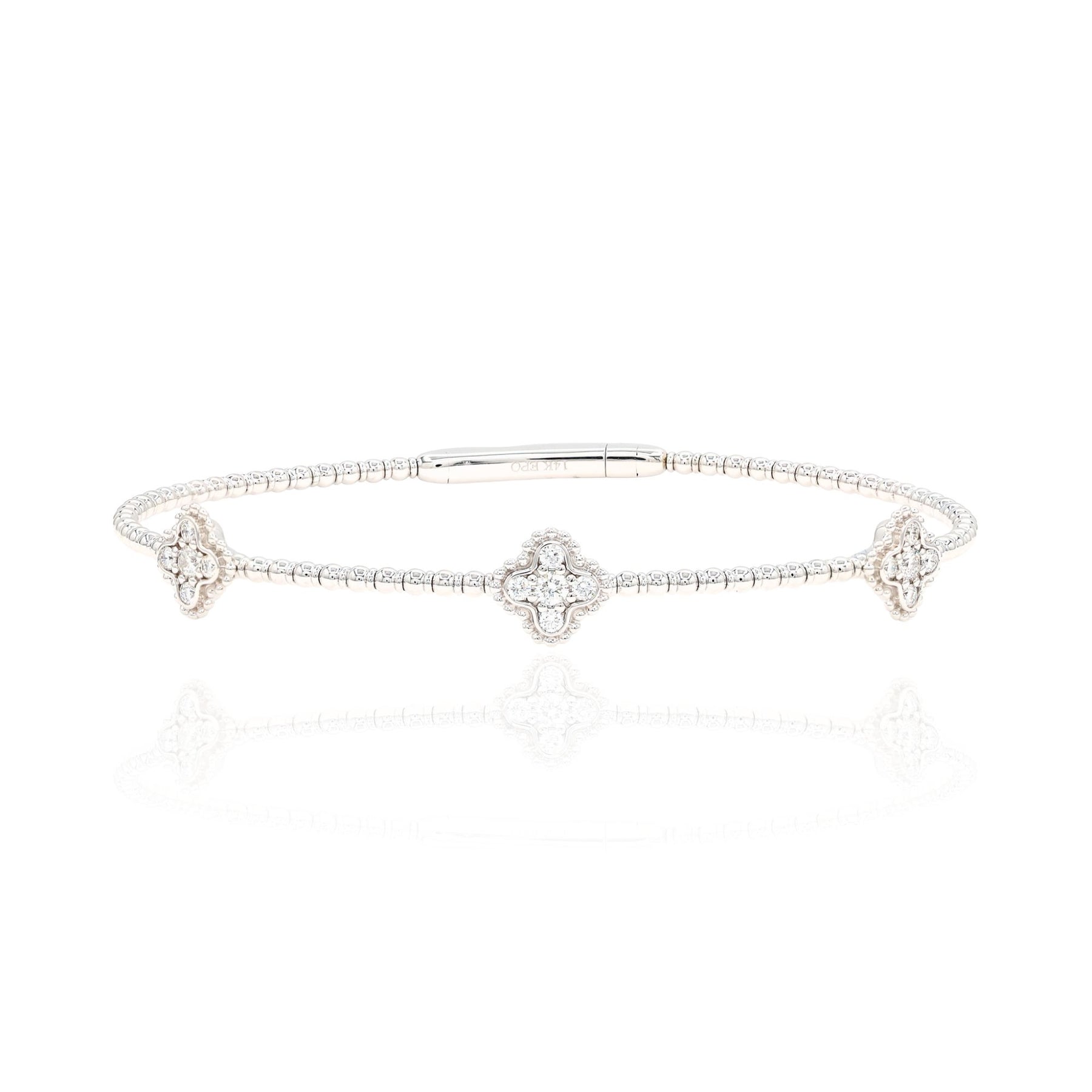 14K WHITE GOLD FLEXIBLE BEADED BRACELET WITH DIAMOND CLOVER STATIONS B245