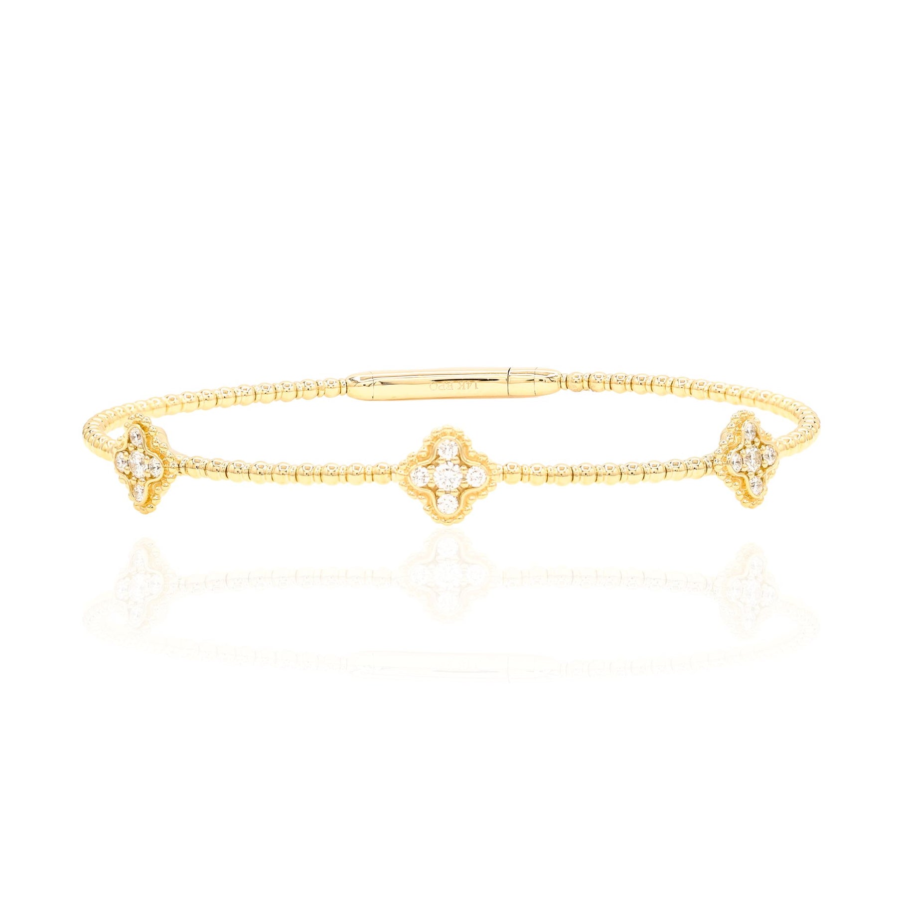 14K YELLOW GOLD FLEXIBLE BEADED BRACELET WITH DIAMOND CLOVER STATIONS B245