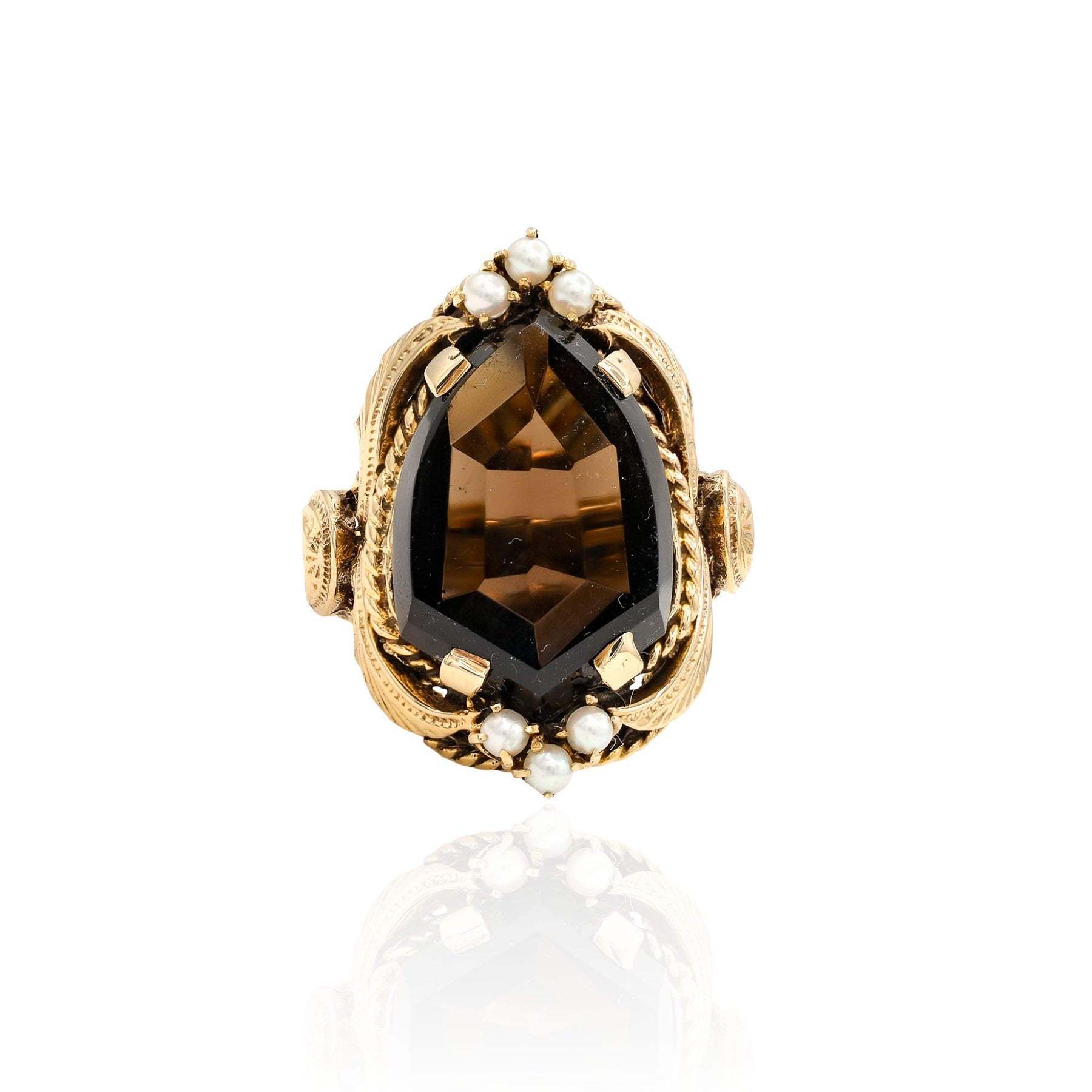 ESTATE 14K YELLOW GOLD VINTAGE VICTORIAN REPRODUCTION RING WITH SMOKEY BROWN QUARTZ