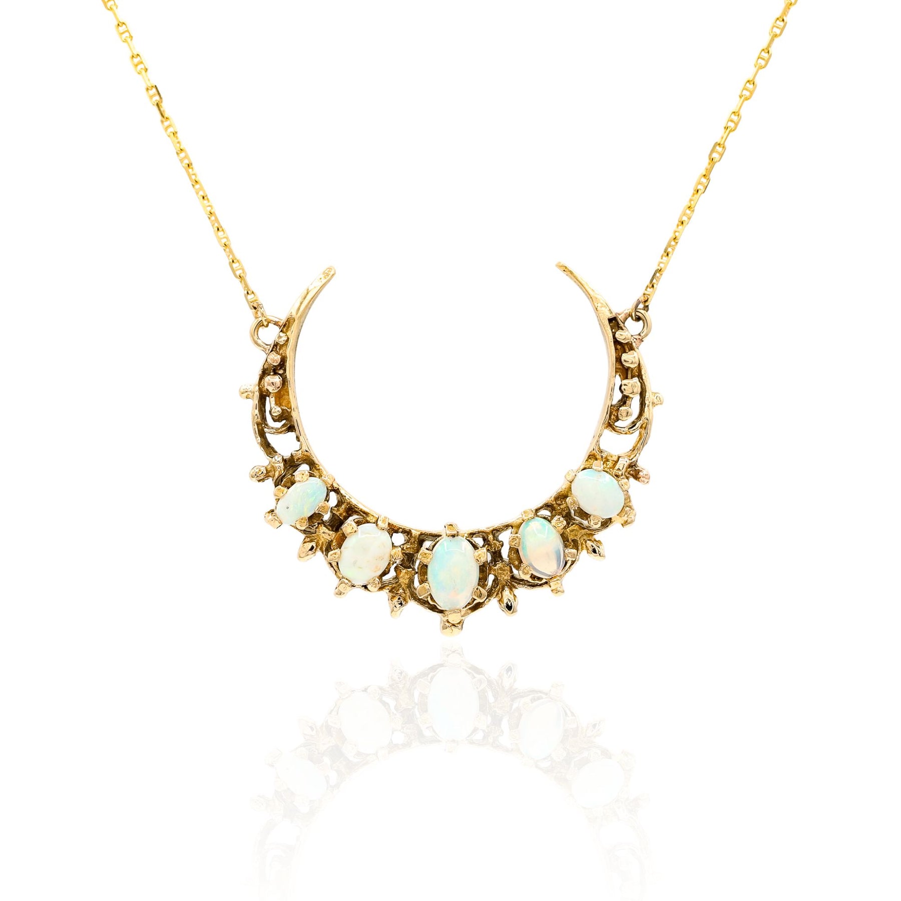 ESTATE 14K YELLOW GOLD VICTORIAN REPRODUCTION CRESCENT NECKLACE WITH OPALS