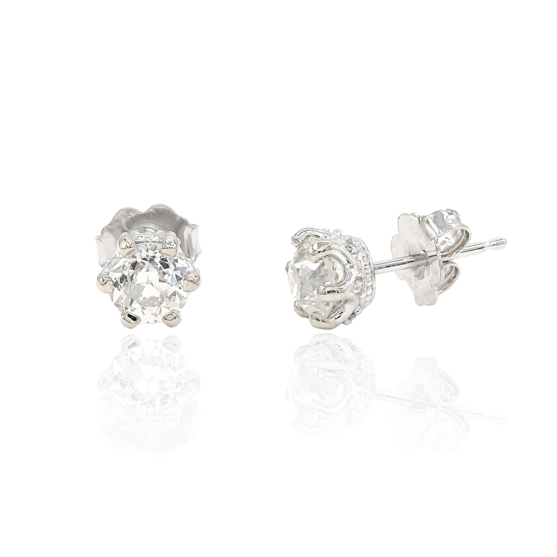 ESTATE 14K WHITE GOLD EUROPEAN CUT DIAMOND CROWN STUD EARRINGS