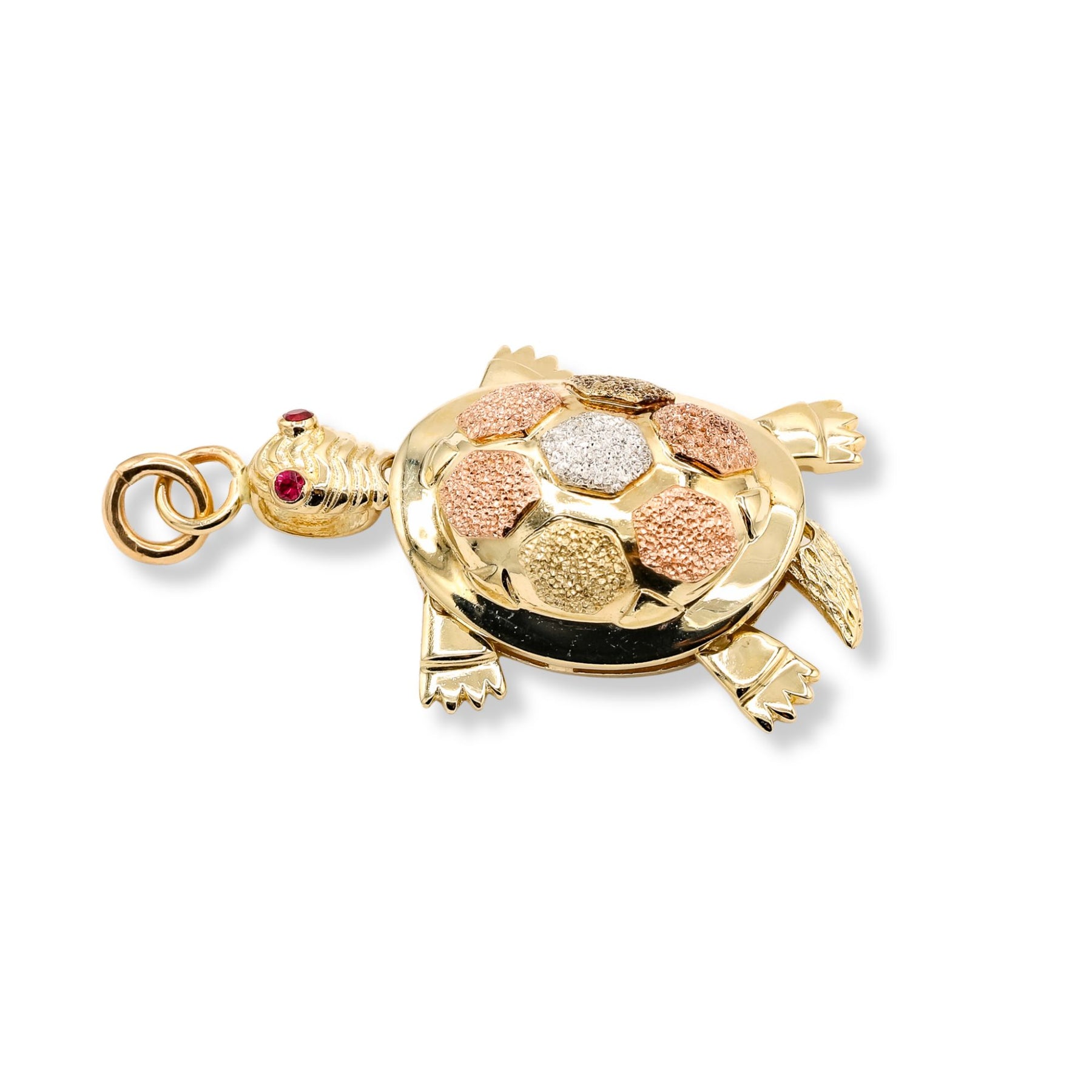 ESTATE 14K YELLOW, ROSE, AND WHITE GOLD ARTICULATED TURTLE PENDANT WITH RUBY EYES