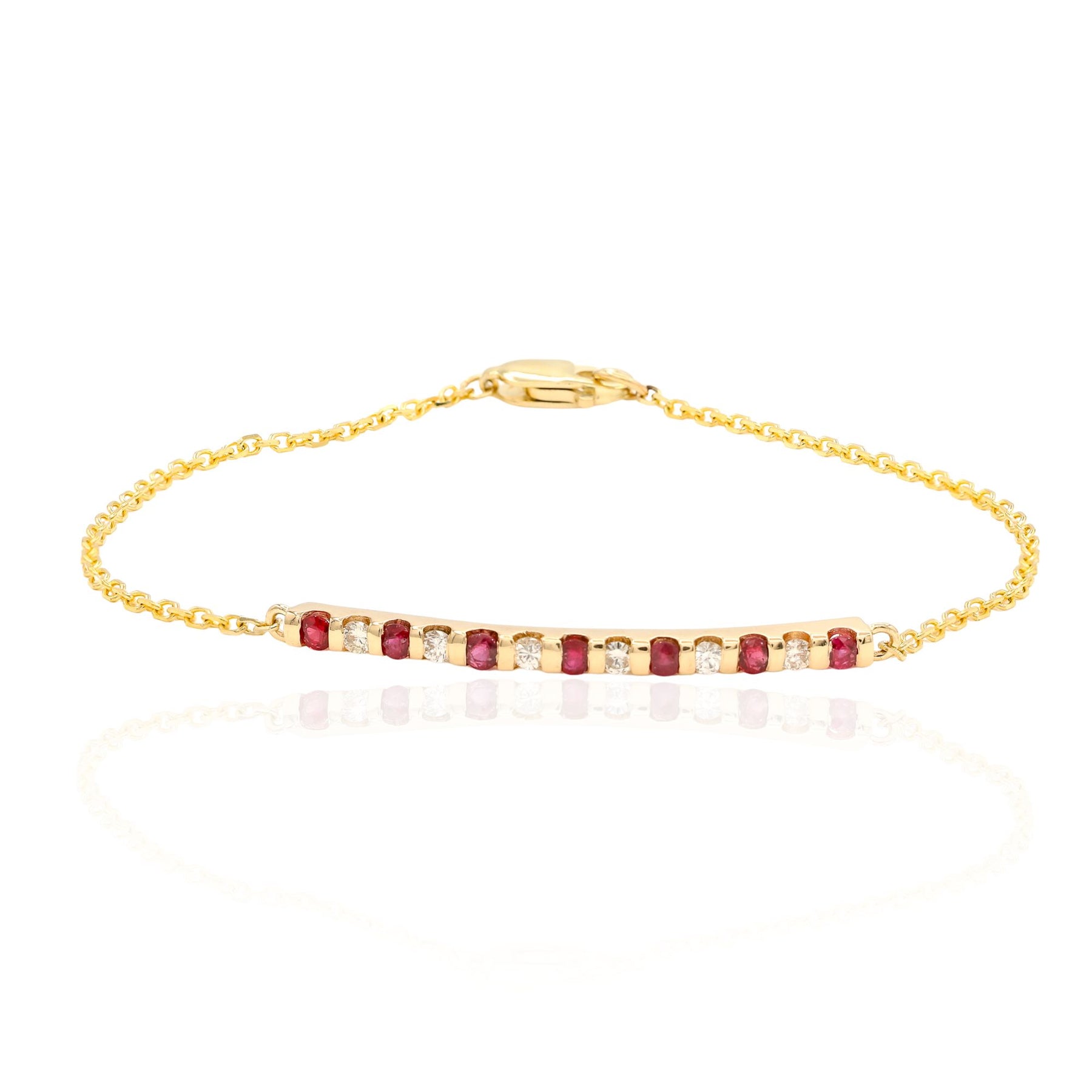 ESTATE 14K YELLOW GOLD RUBY AND DIAMOND CURVED BAR BRACELET