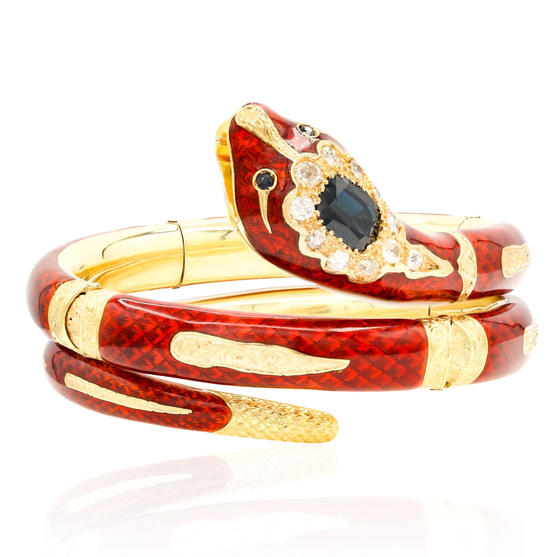 ESTATE MIDCENTURY VICTORIAN-REVIVAL RED ENAMEL, DIAMOND AND SAPPHIRE HINGED SNAKE BRACELET