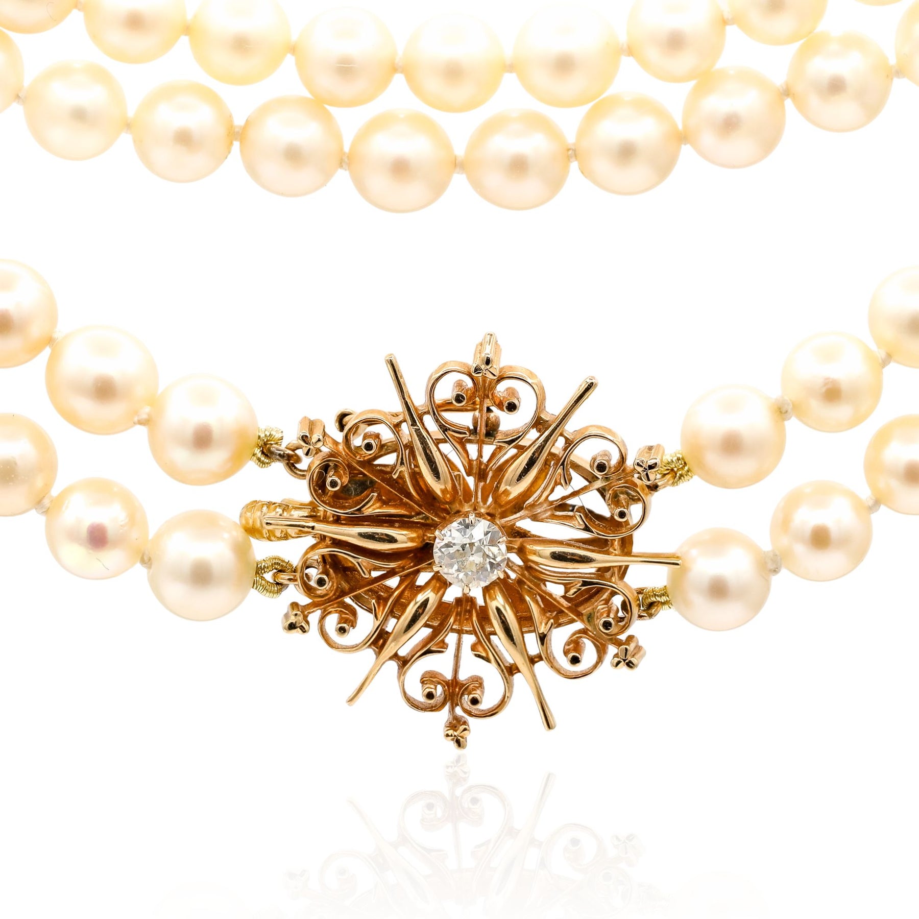 ESTATE DOUBLE STRAND PEARL NECKLACE WITH 14K YELLOW GOLD FILAGREE CLASP WITH DIAMOND