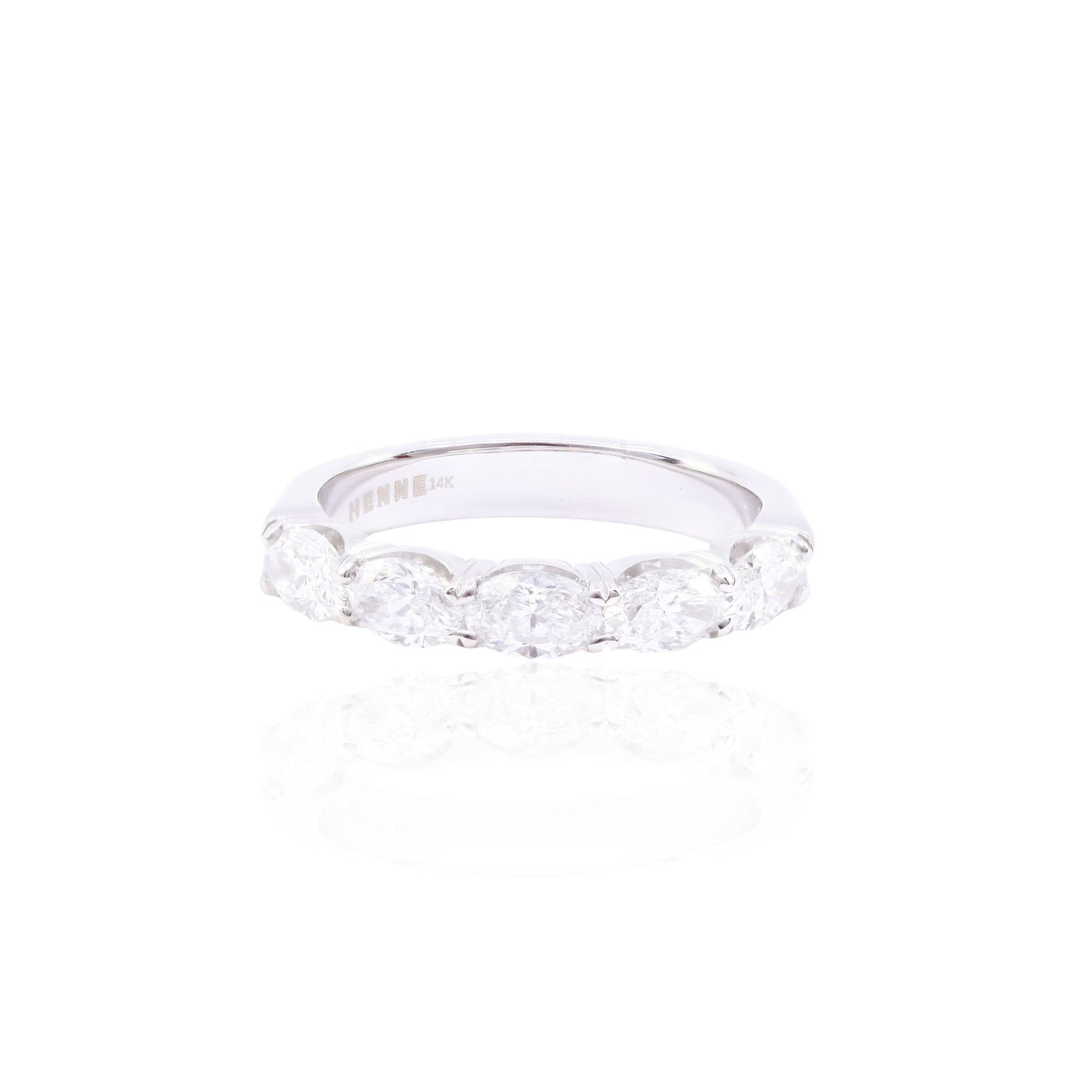 14K white gold 5-stone wedding band containing 5 shared prong oval diamonds totaling-1.23ct 