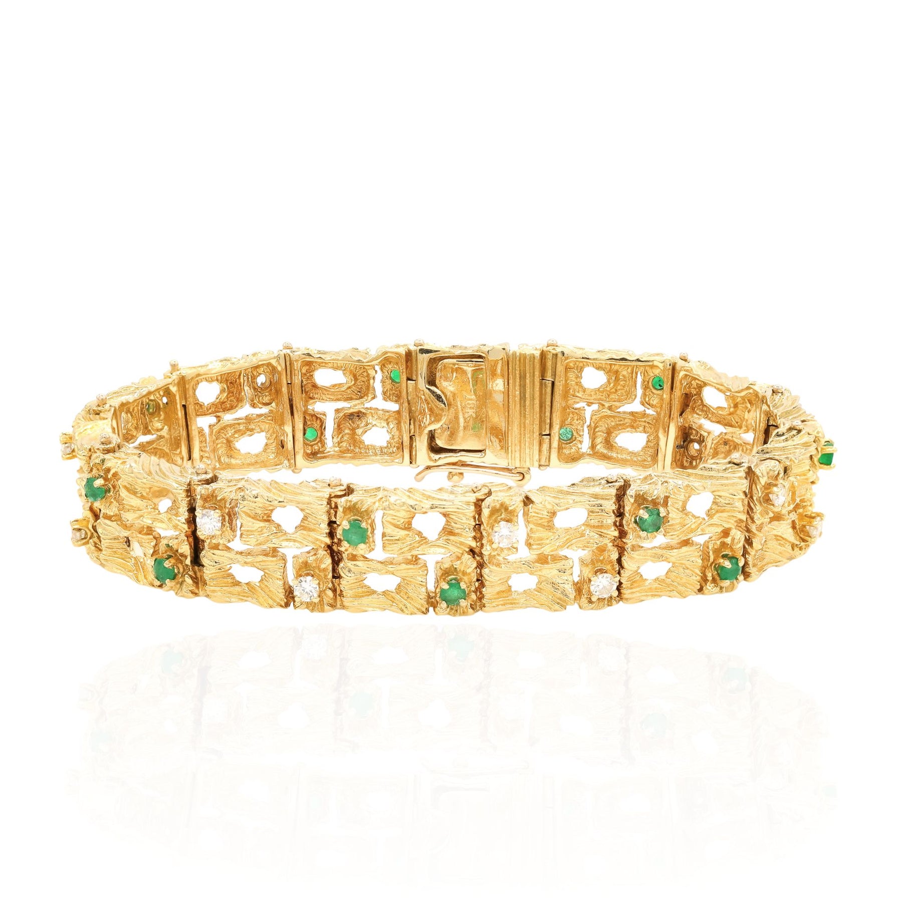 ESTATE 18K YELLOW GOLD ALTERNATING TEXTURED OPEN RECTANGLE BRACELET WITH EMERALDS AND DIAMONDS