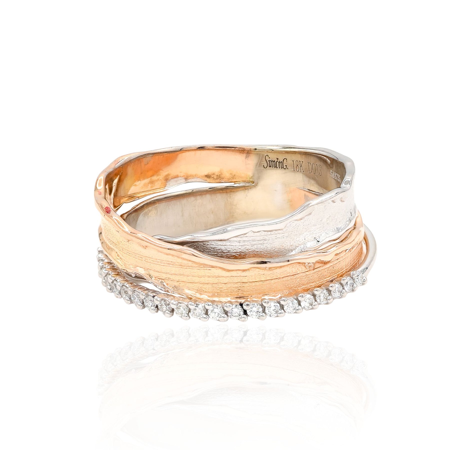 ESTATE SIMON G 18K ROSE GOLD AND WHITE GOLD CROSSOVER SATIN RING WITH DIAMONDS