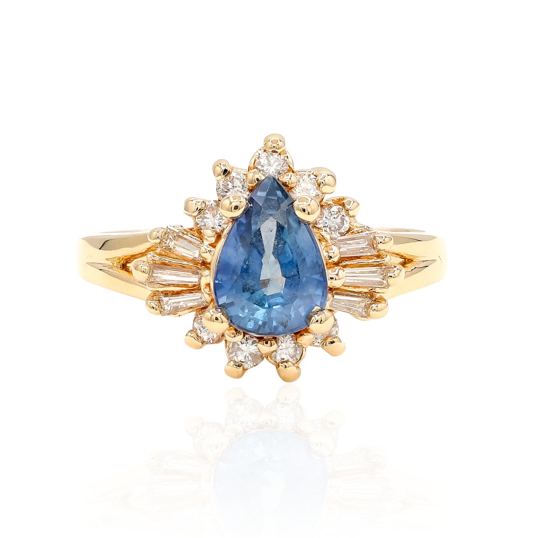 ESTATE MIDCENTURY 14K YELLOW GOLD CEYLON SAPPHIRE AND DIAMOND BALLERINA RING CIRCA 1950S