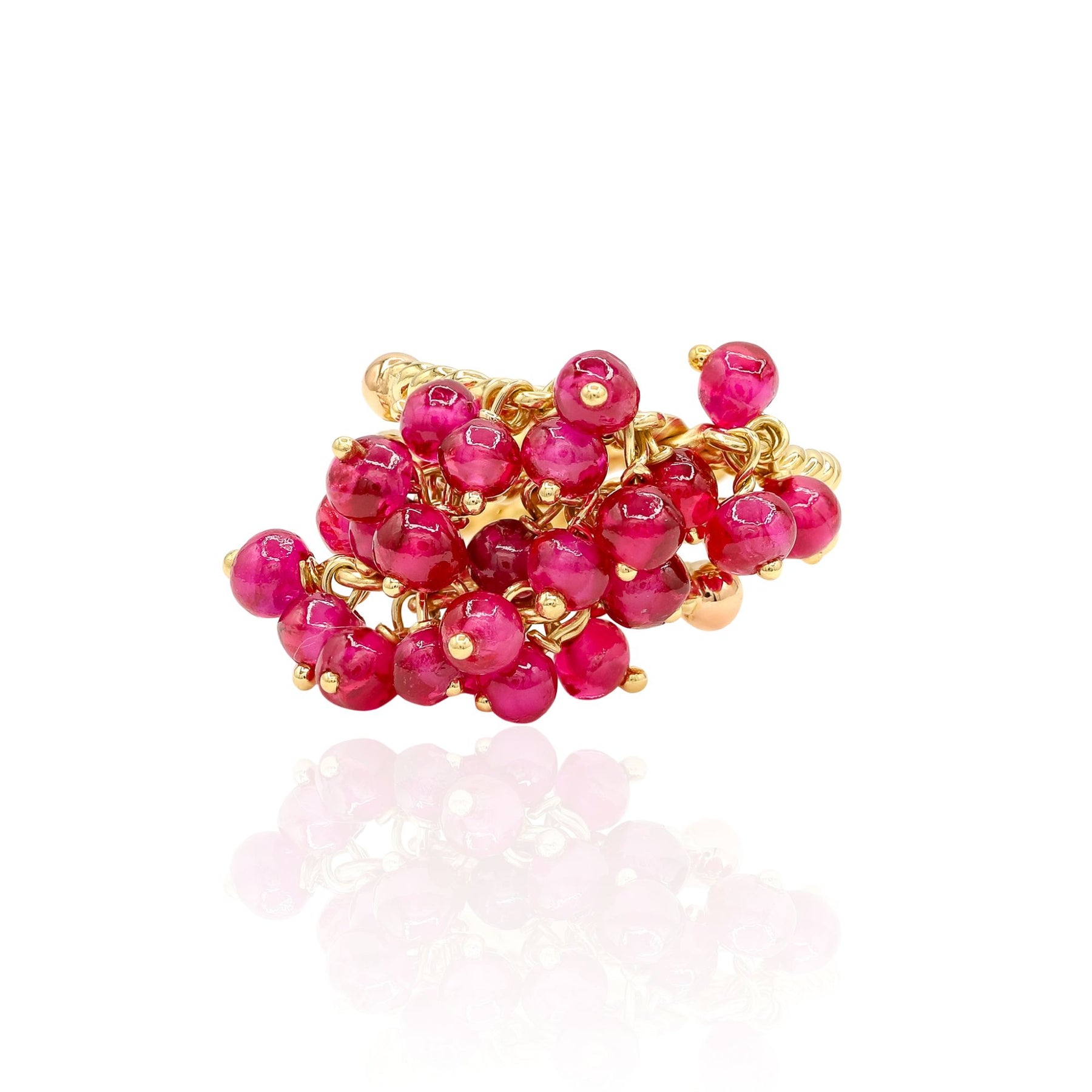 ESTATE 18K YELLOW GOLD RUBY BEAD FRINGE WRAP RING