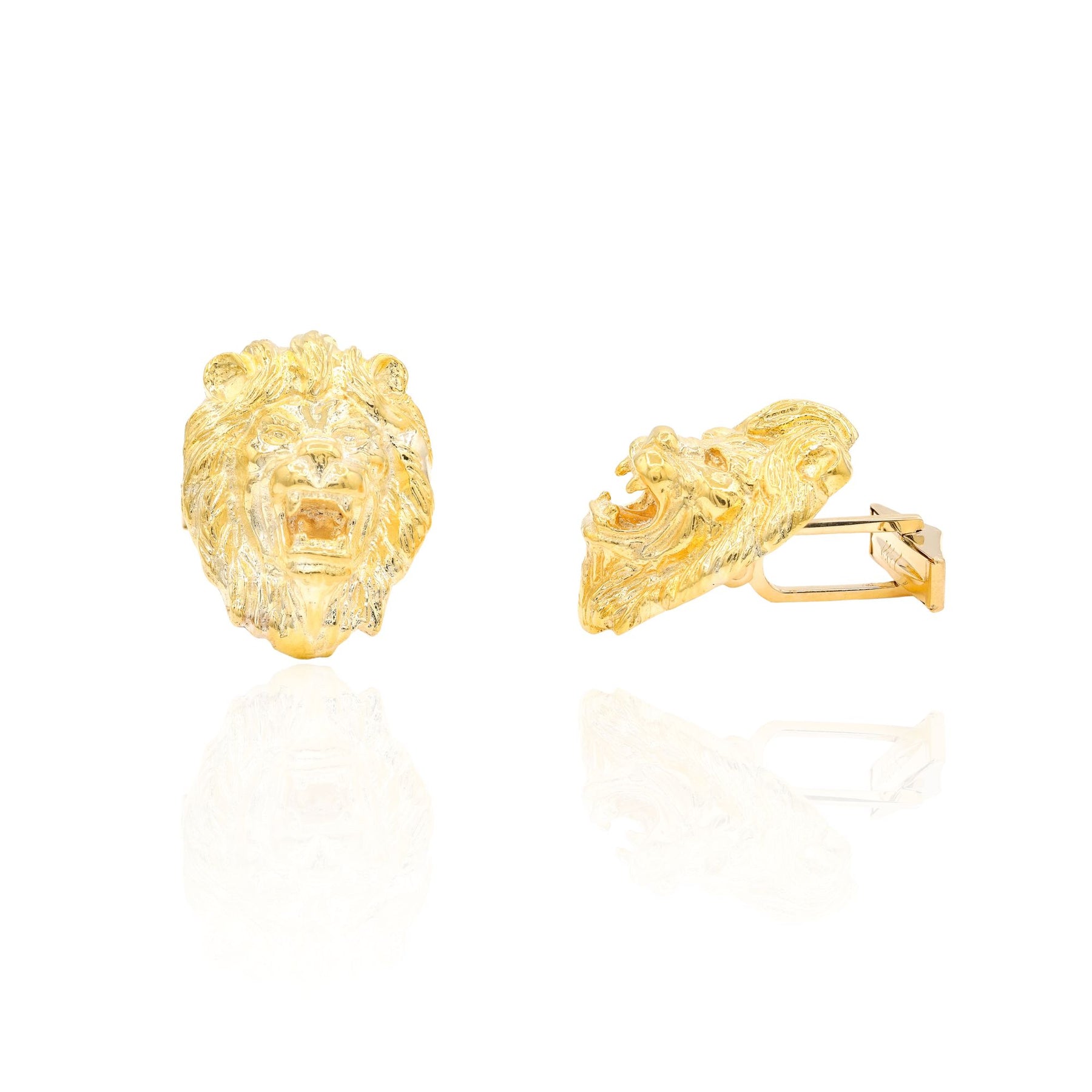 ESTATE 18K YELLOW GOLD ROARING LION CUFFLINKS WITH 14K YELLOW GOLD POSTS