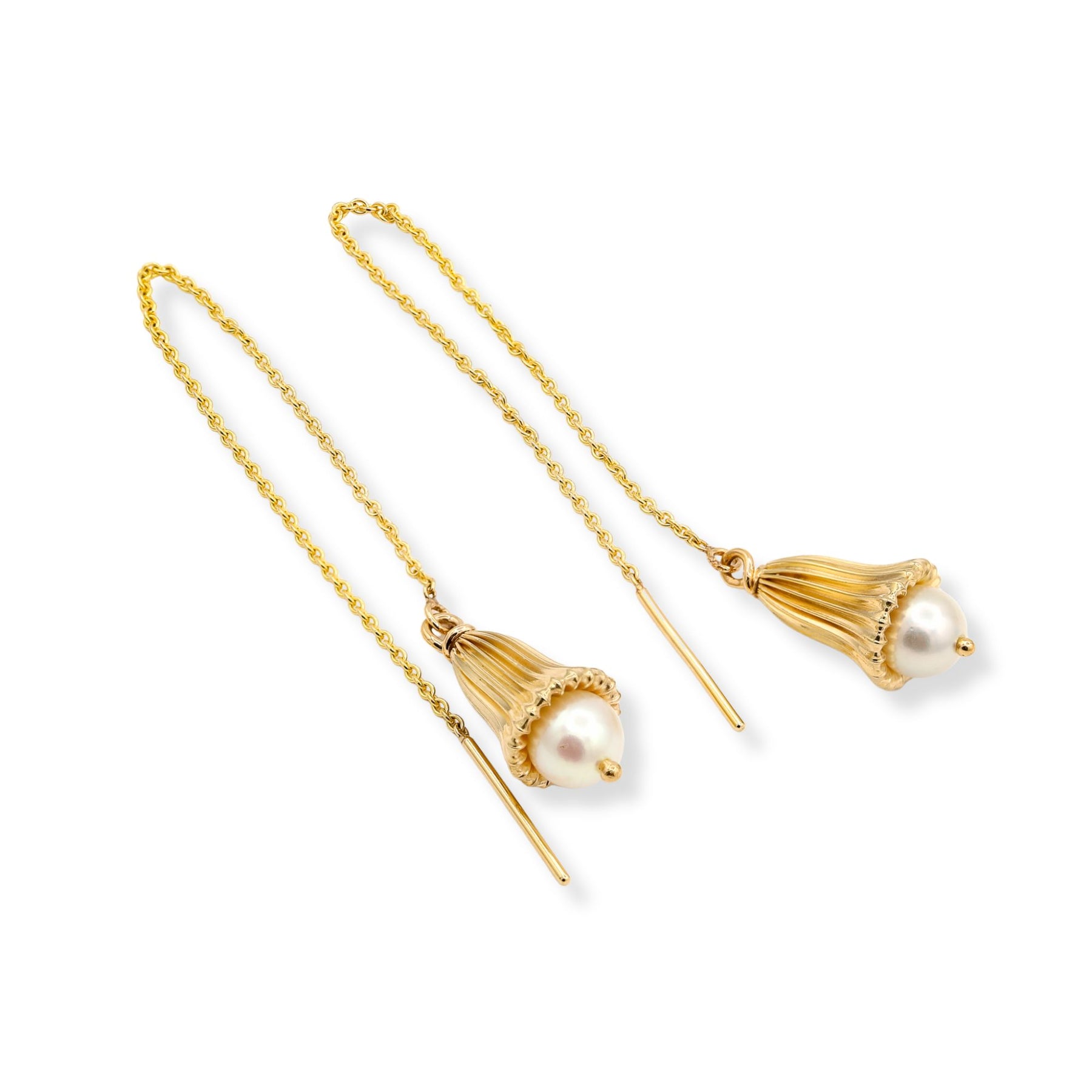 ESTATE JENNY LIN UPCYCLED 14K YELLOW GOLD BLUEBELL PEARL THREADER EARRINGS