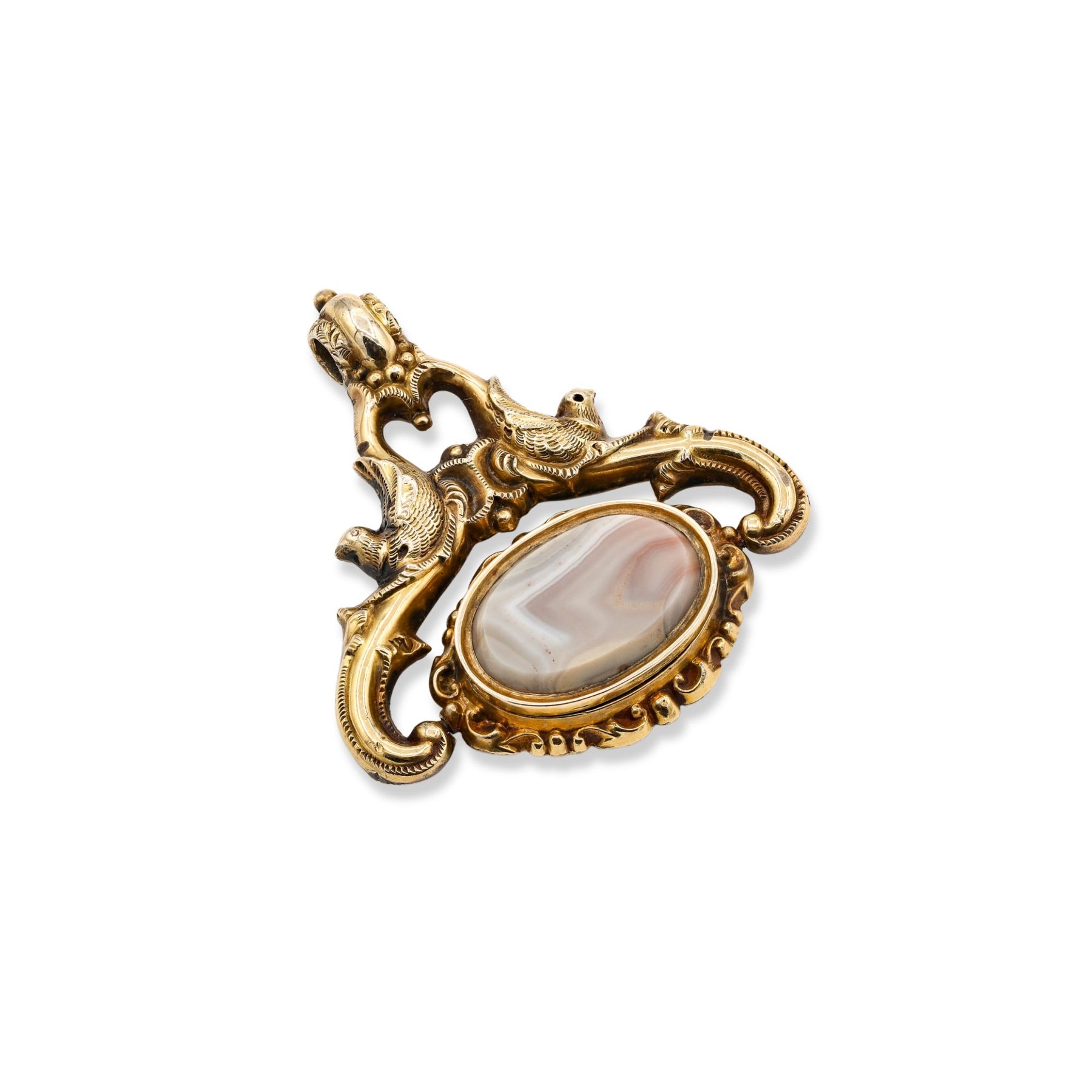 ESTATE VICTORIAN 9K YELLOW GOLD AGATE WATCH FOB SWIVELING LOCKET