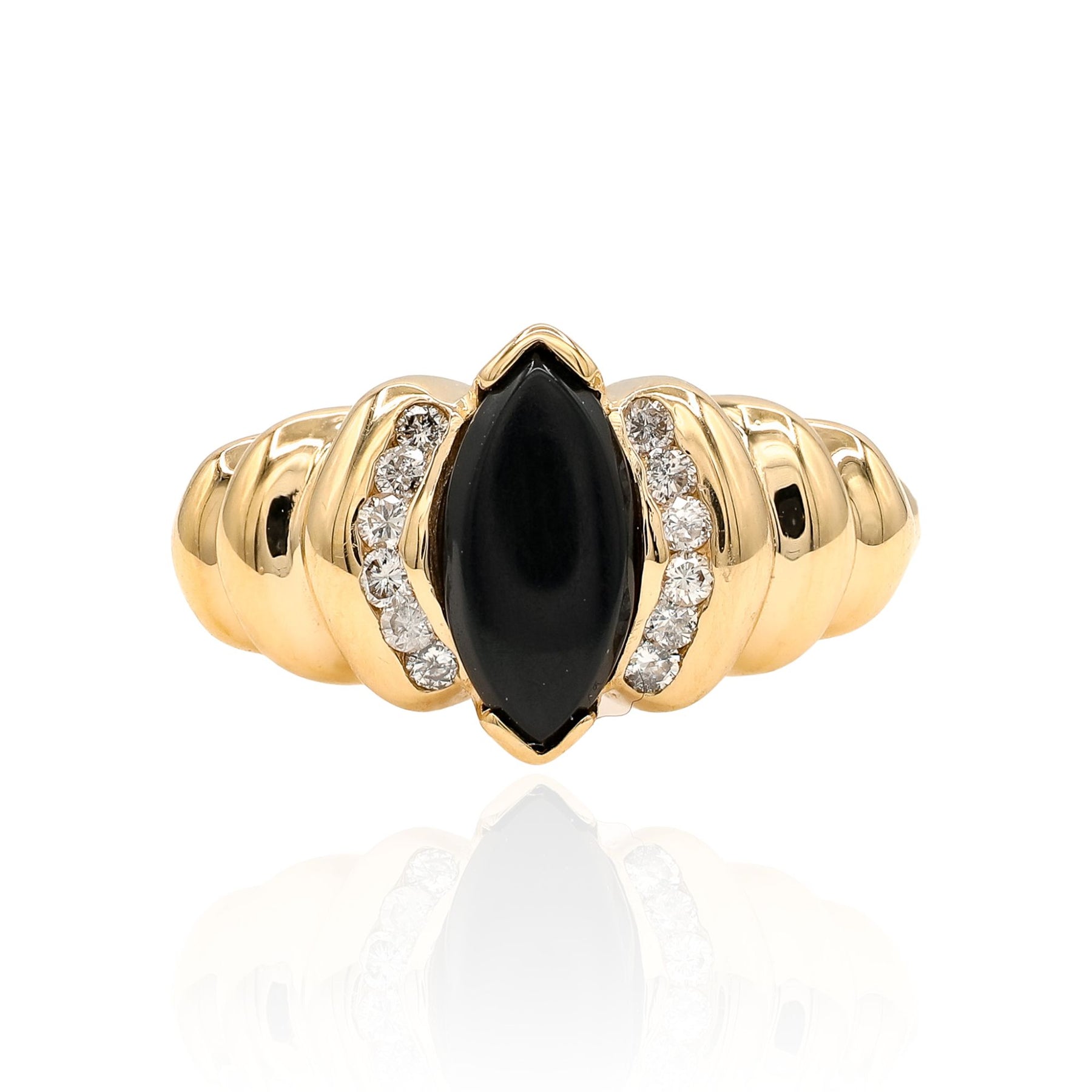 ESTATE 14K YELLOW GOLD PUFFY RIBBED ONYX AND DIAMOND RING