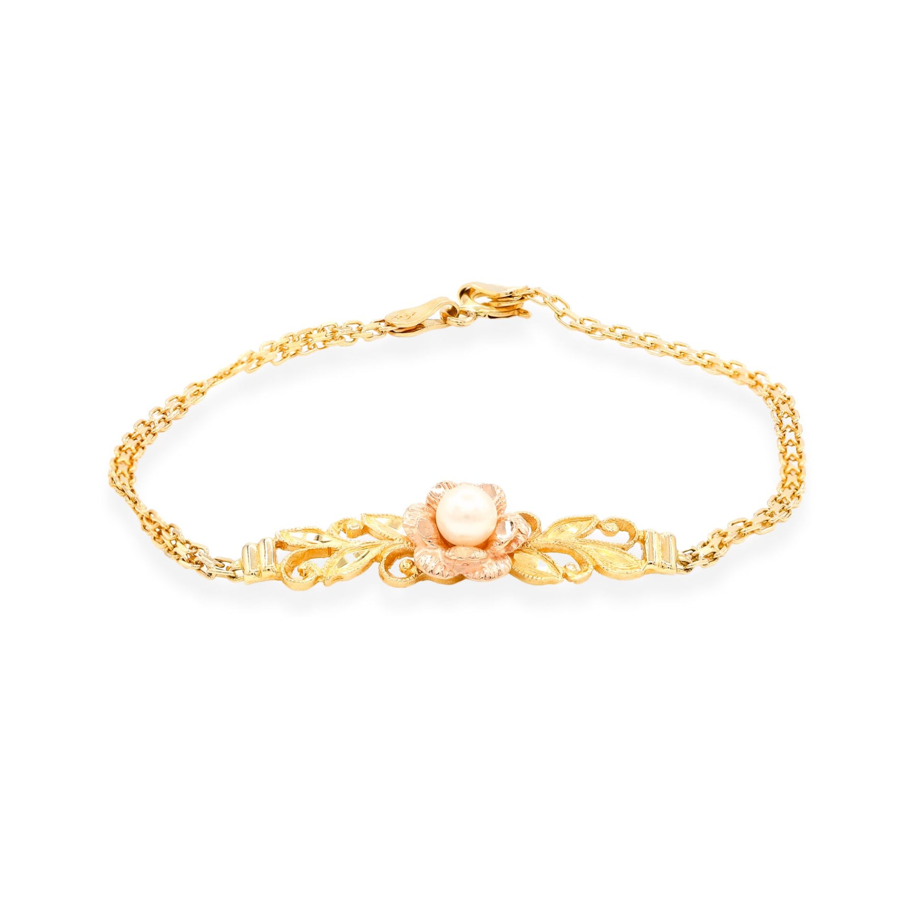 ESTATE VINTAGE 14K YELLOW GOLD FILIGREE BAR AND ROSE GOLD PEAR FLOWER BRACELET