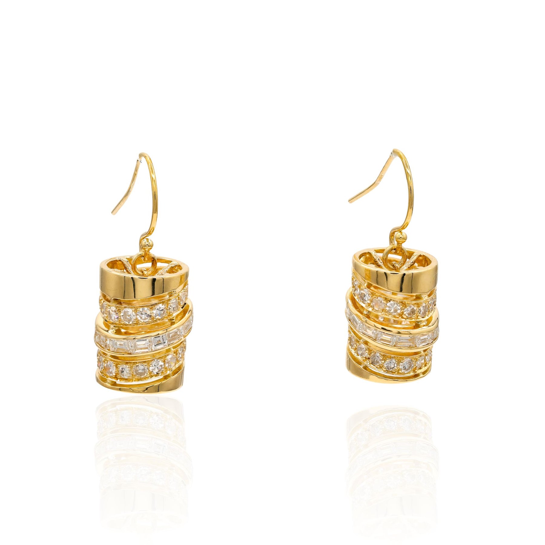 ESTATE 18K YELLOW GOLD DIAMOND BARREL DANGLE EARRINGS