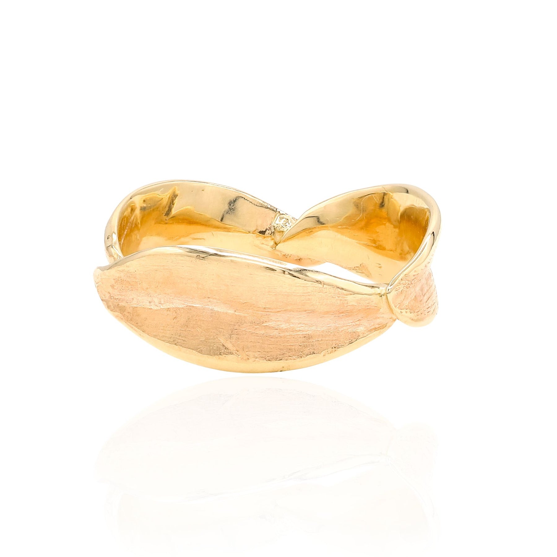 Estate Jenny Lin upcycled 14K yellow gold satin leaf ring, size 5.50. From brooch components