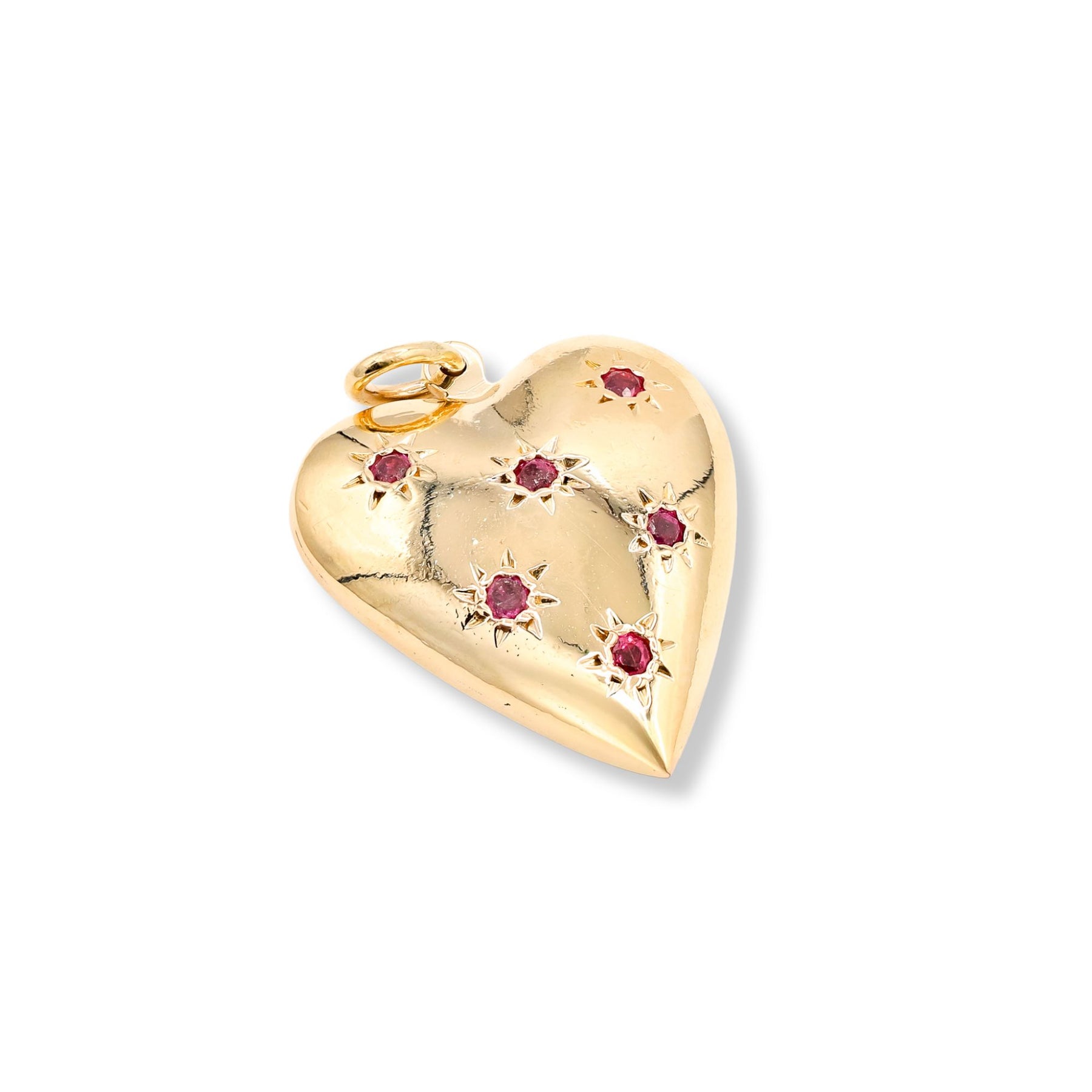 ESTATE UPCYCLED 14K YELLOW GOLD LARGE HEART PENDANT WITH RUBIES