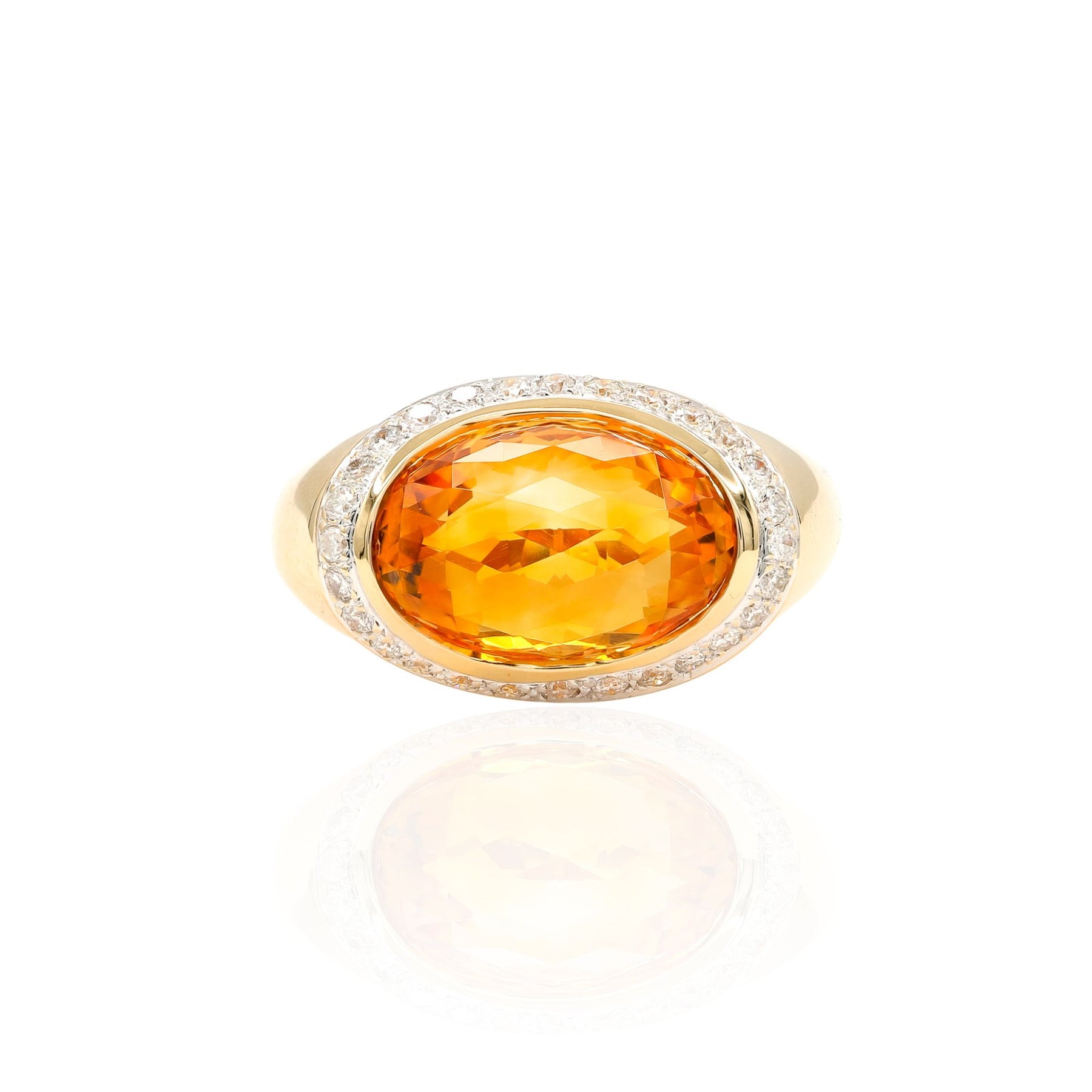 ESTATE 18K YELLOW GOLD OVAL CITRINE AND DIAMOND HALO COCKTAIL RING
