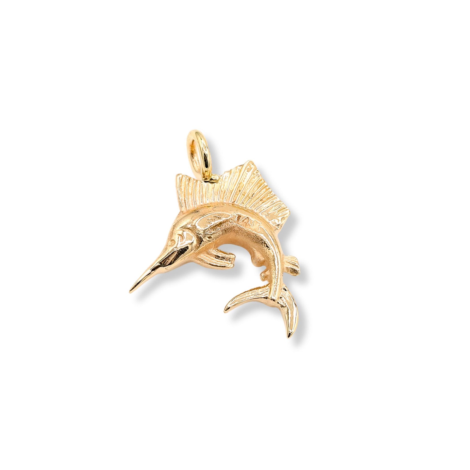 Estate Jenny Lin upcycled 14K yellow gold marlin fish charm. From large estate charm
