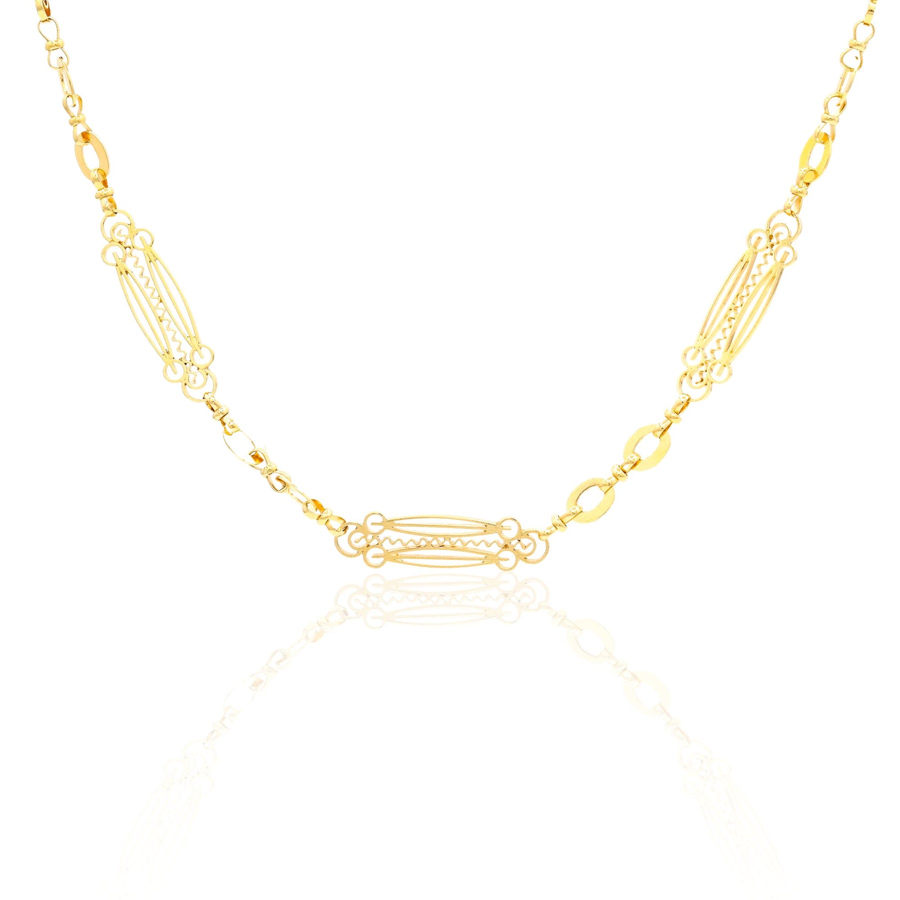 ESTATE ART NOUVEAU 15K YELLOW GOLD HANDMADE FILAGREE LINK CHAIN NECKLACE