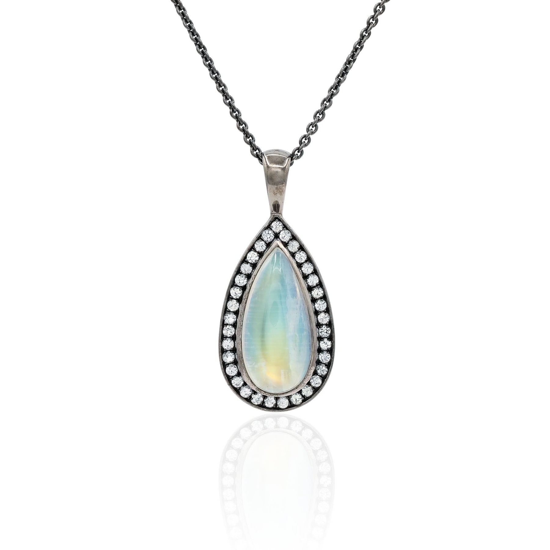 ESTATE BERTUS DESIGN STERLING SILVER RAINBOW MOONSTONE AND WHITE SAPPHIRE PENDANT NECKLACE