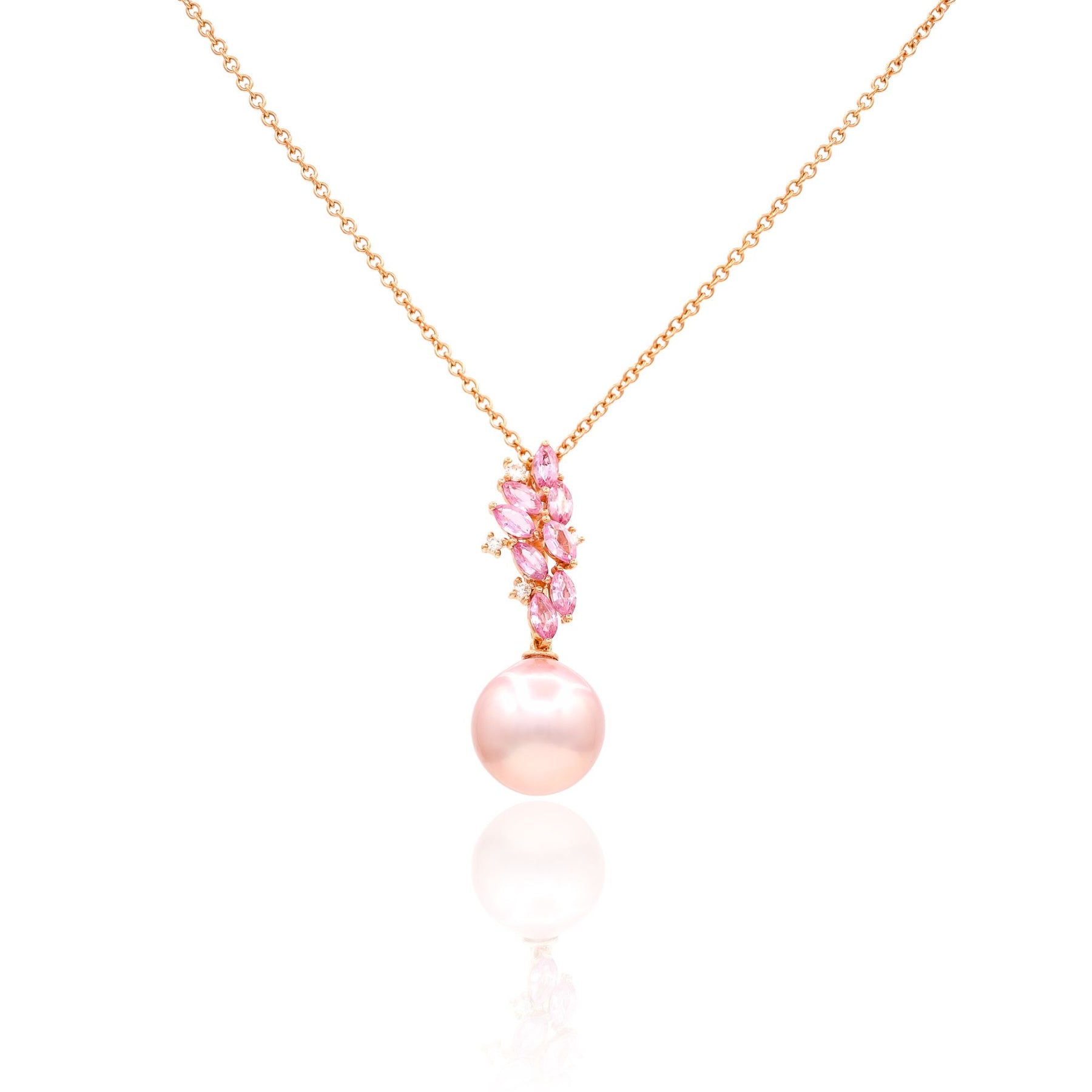 18K ROSE GOLD PINK SAPPHIRE AND FRESHWATER PEARL PENDANT NECKLACE P012501R-F