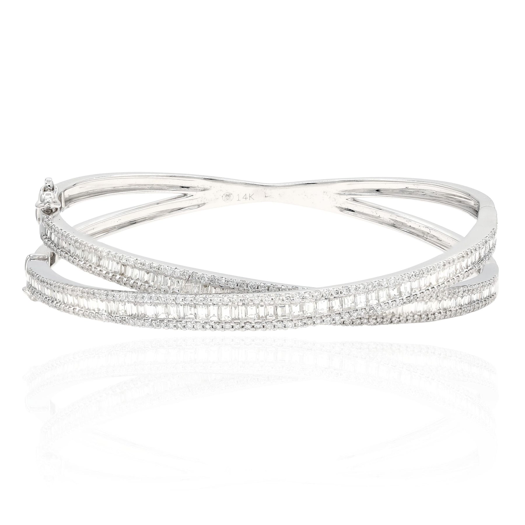 ESTATE 14K WHITE GOLD DOUBLE ROW CRISS-CROSSED DIAMOND BANGLE BRACELET