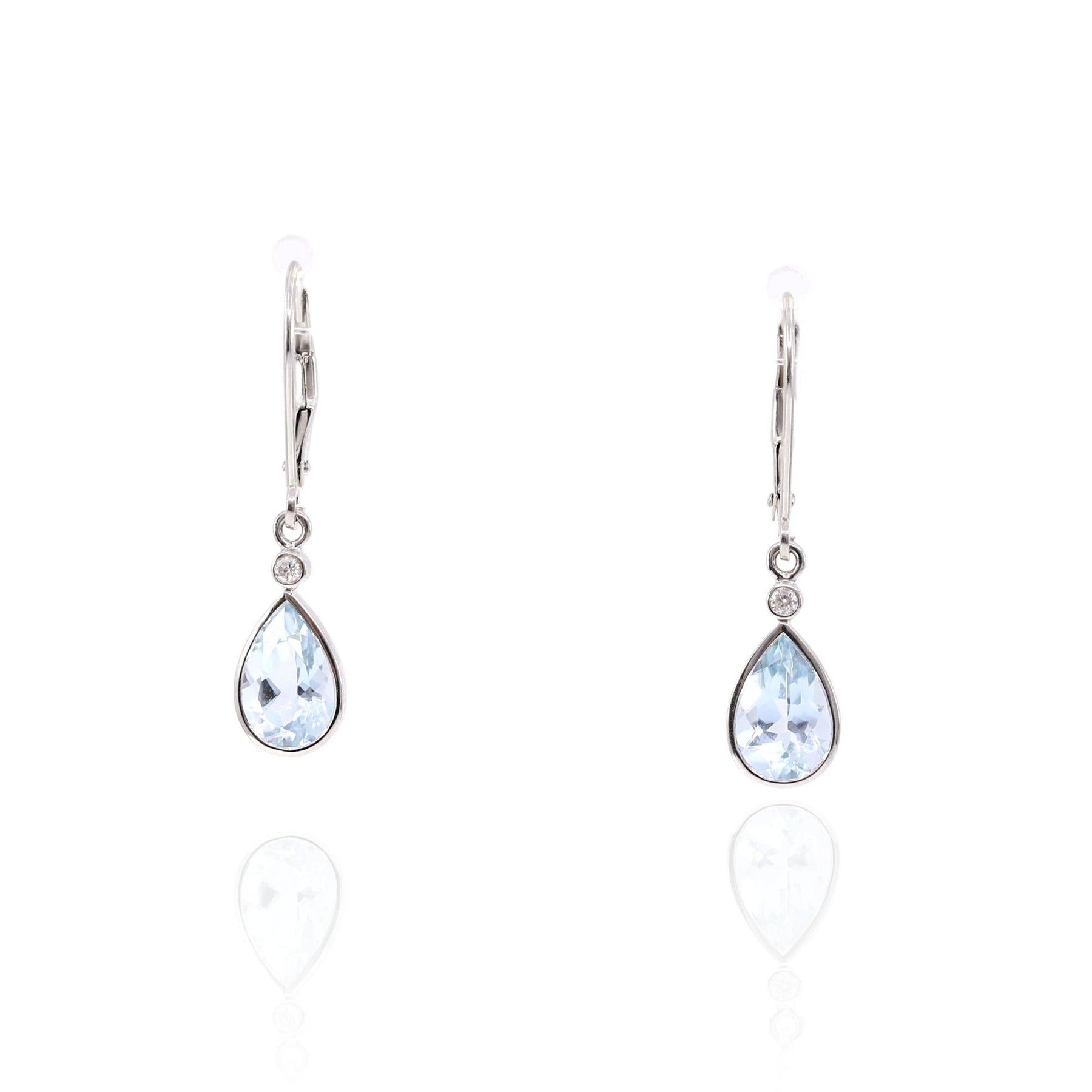 14k white gold 6x9 teardrop aquamarine diamond accented lever back earrings totaling-2.13ctw / d-0.04ctw