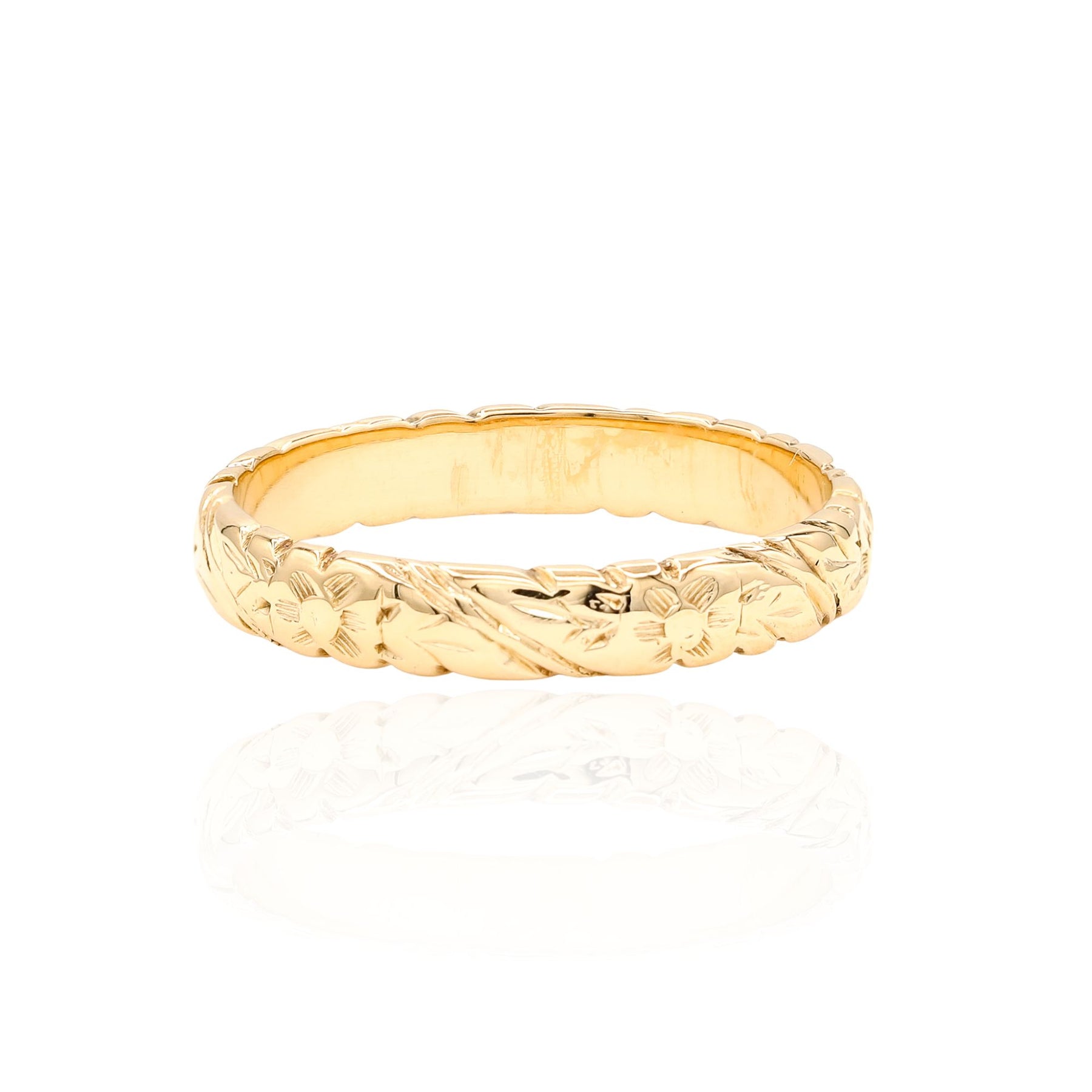 ESTATE 14K YELLOW GOLD FLORAL AND LEAF ENGRAVED BAND