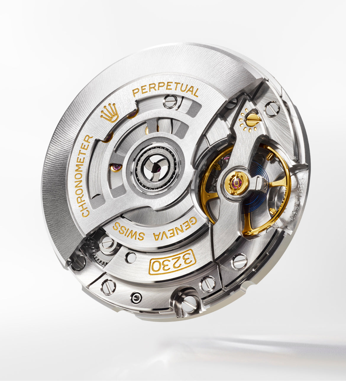 Close-up of a finely crafted Rolex watch movement showing intricate gears and components with gold accents and engraved text highlighting Swiss craftsmanship and precision.