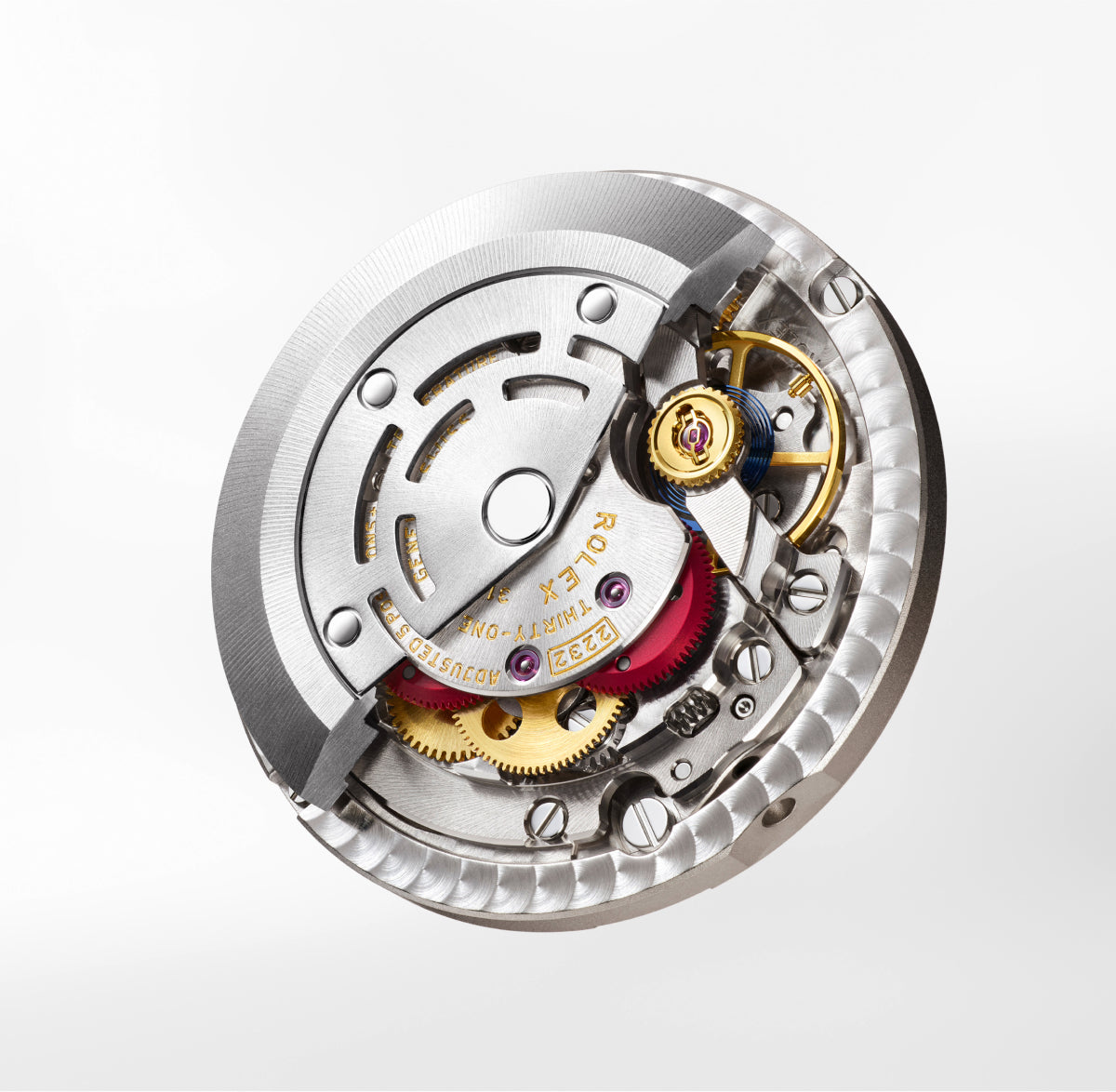 Close-up of a luxury watch movement showcasing intricate gears, including gold and red components, highlighting precision engineering and craftsmanship.