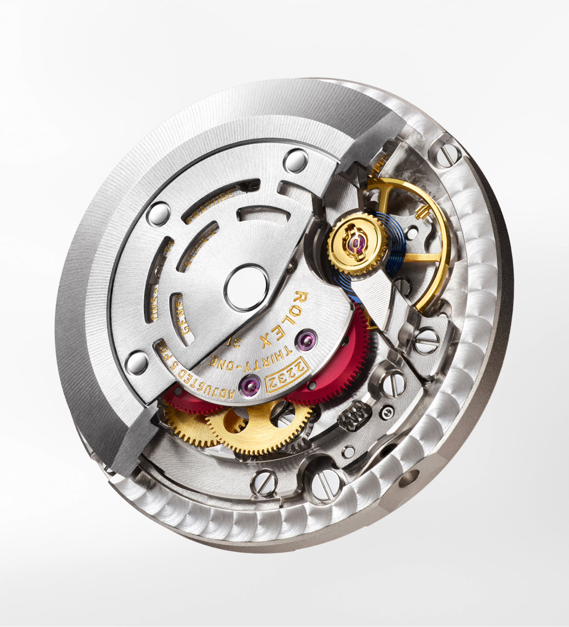 Close-up of a Rolex watch movement showcasing intricate gears, screws, and the rotor engraved with Rolex branding, highlighting precision craftsmanship in luxury watches.