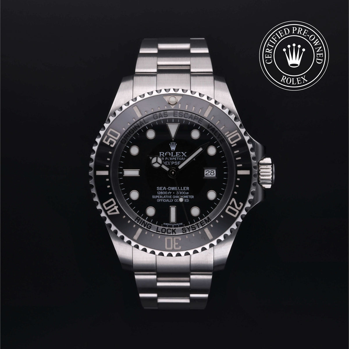 Close-up of a Rolex Deepsea luxury watch with stainless steel bracelet, black dial, and rotating bezel, showcasing fine craftsmanship from a family-owned jeweler, Jewelers for Life.