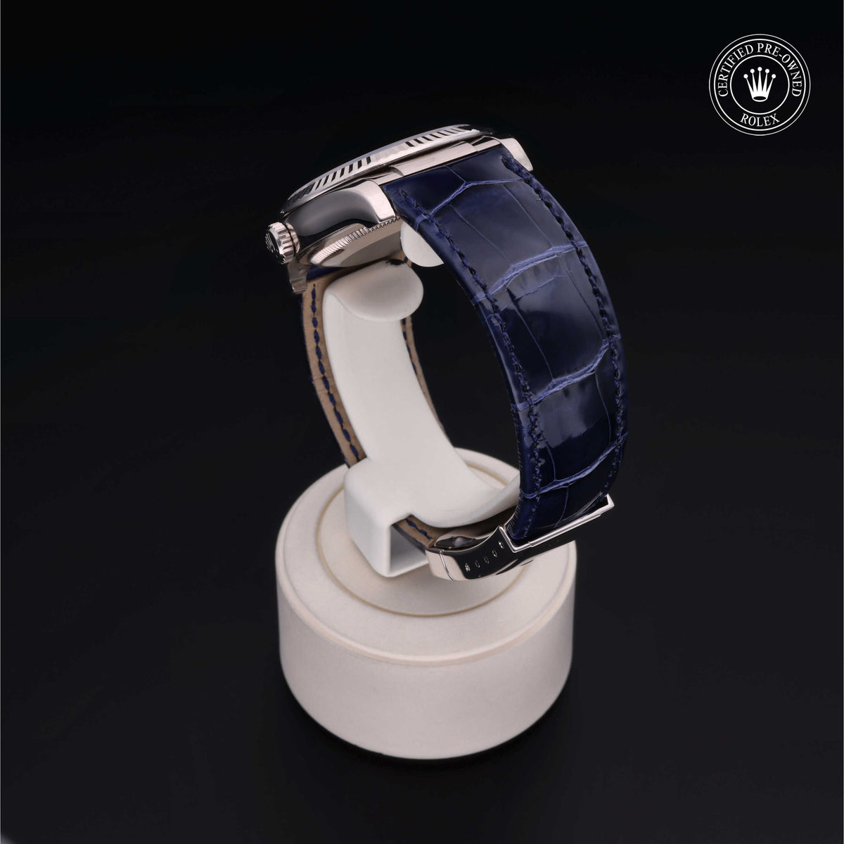 Side view of a luxury watch with a polished silver case and deep blue alligator leather strap displayed on a white stand, featuring a Rolex Certified Pre-Owned logo.