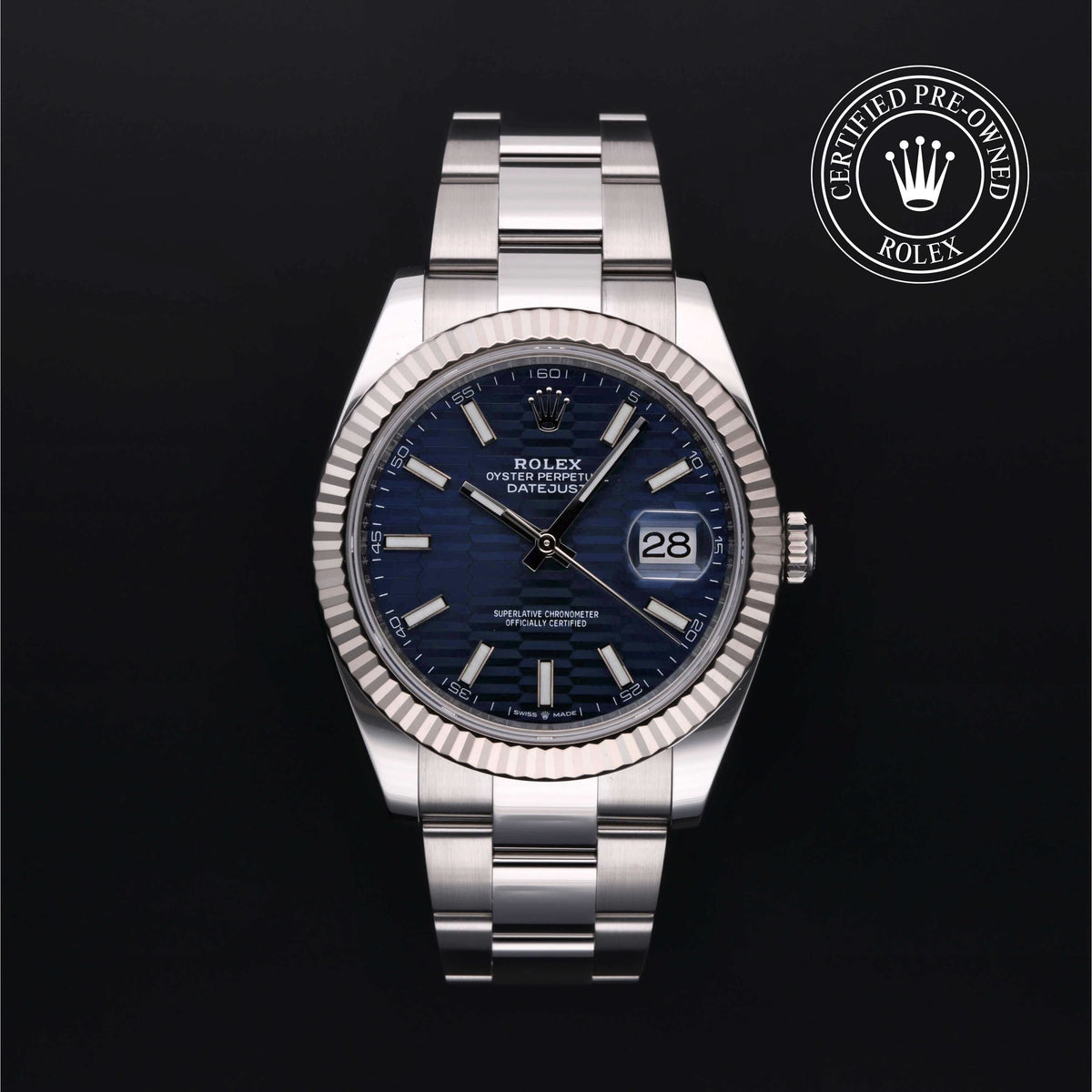 Rolex Datejust 41 luxury watch with stainless steel bracelet and blue dial, certified pre-owned, offered by Henne Jewelers, family-owned luxury jeweler with exceptional customer service – Jewelers for Life.