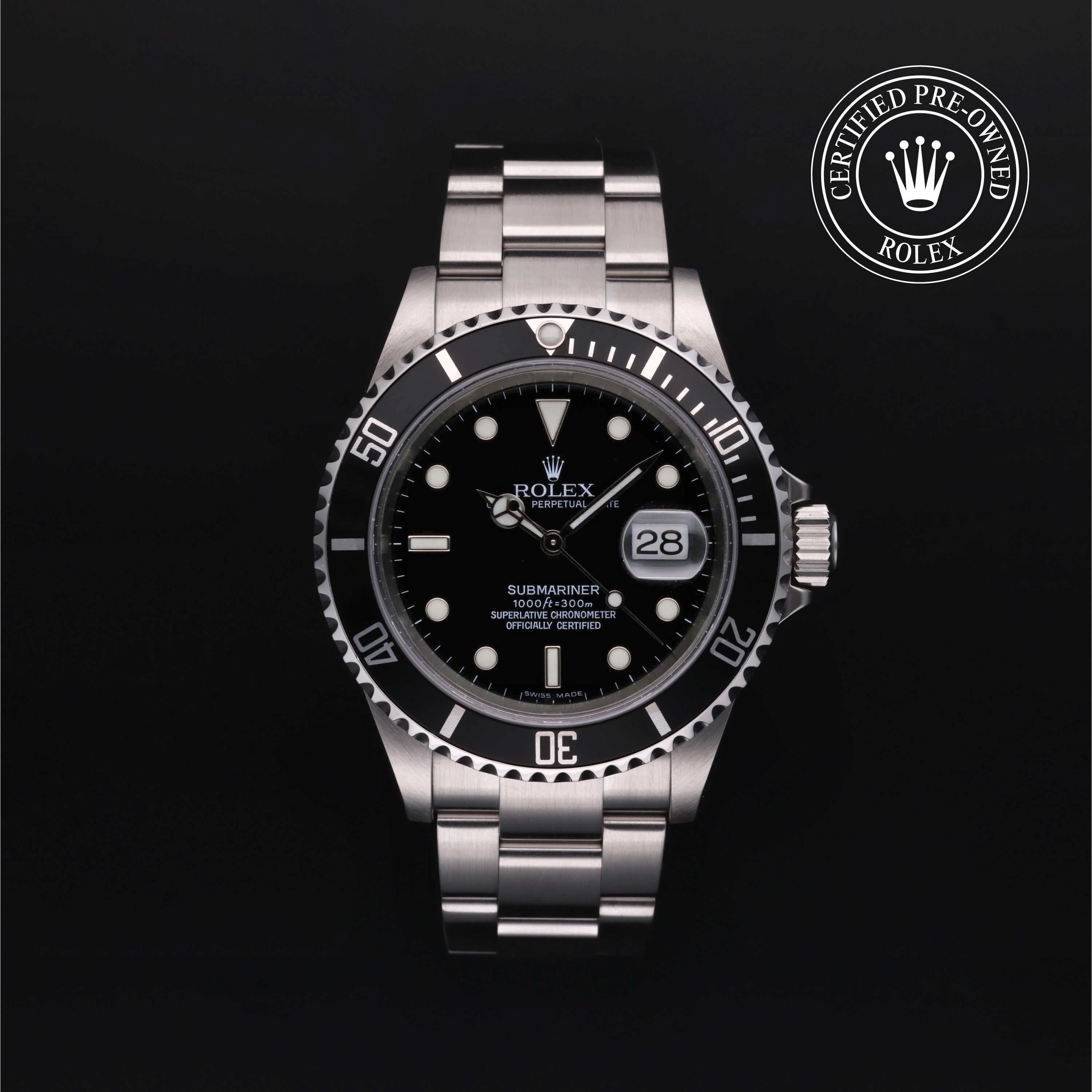 Rolex Submariner watch with black dial on a dark background, featuring a Certified Pre-Owned Rolex logo.