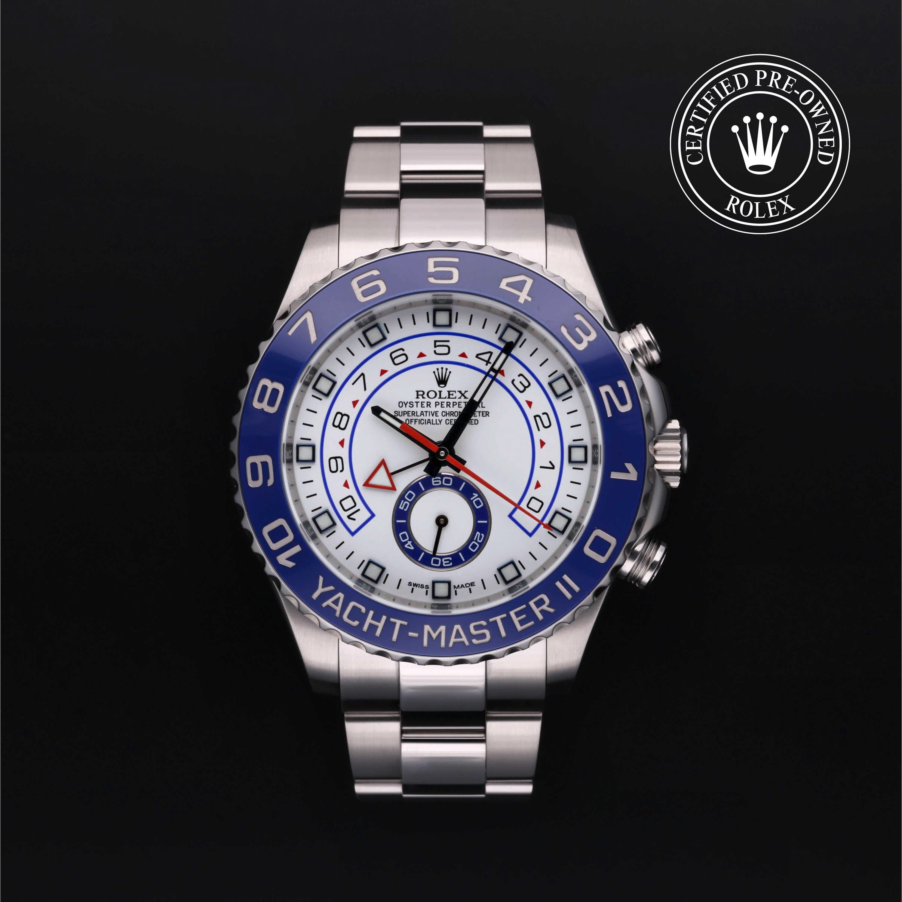 Rolex Yacht-Master II luxury watch with stainless steel bracelet and blue bezel, certified pre-owned, offered by a family-owned jeweler known for customer service and quality.