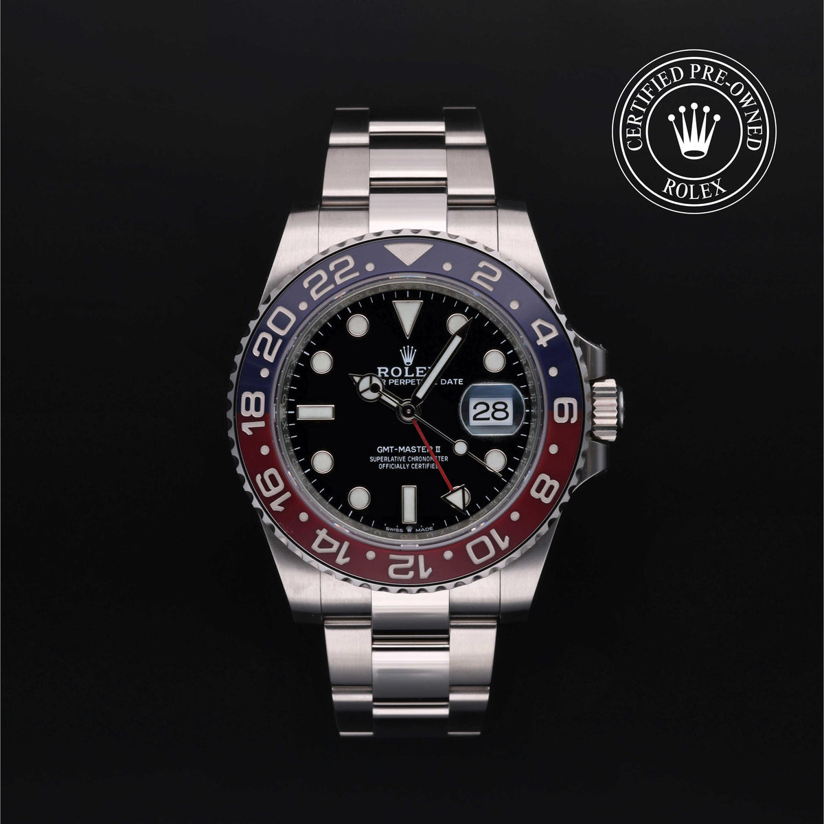 Rolex GMT-Master II luxury watch with black dial and red and blue bezel, featured by a family-owned jeweler known for exceptional customer service, Jewelers for Life.