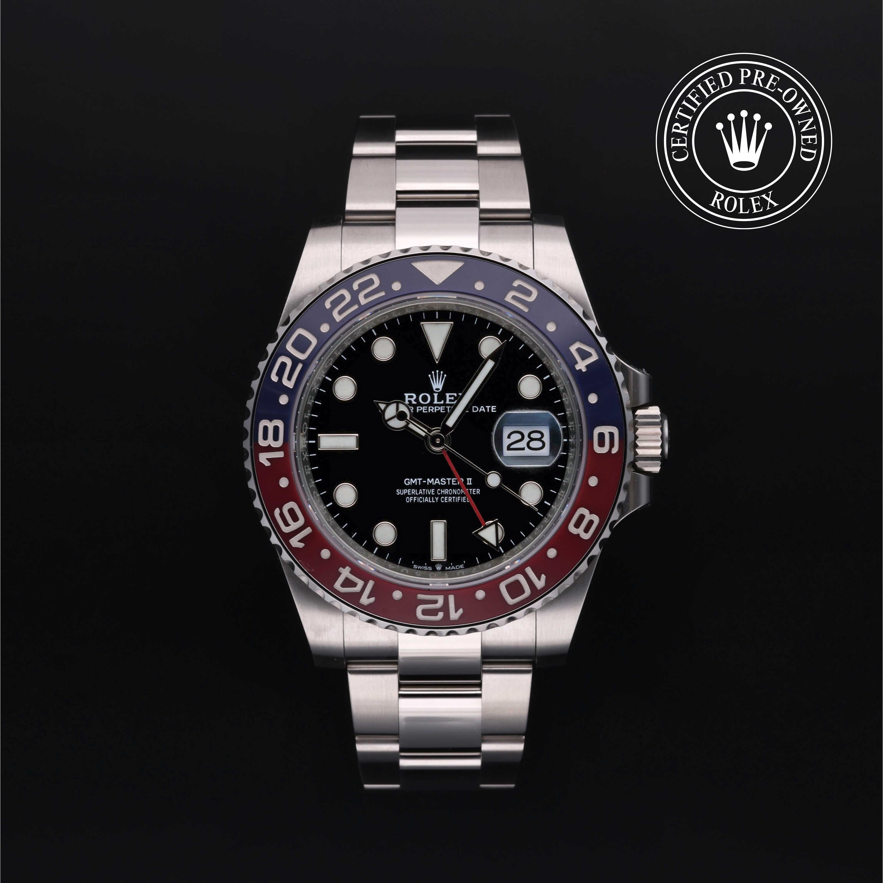 Rolex GMT-Master II luxury watch with black dial and red and blue bezel, featured by a family-owned jeweler known for exceptional customer service, Jewelers for Life.