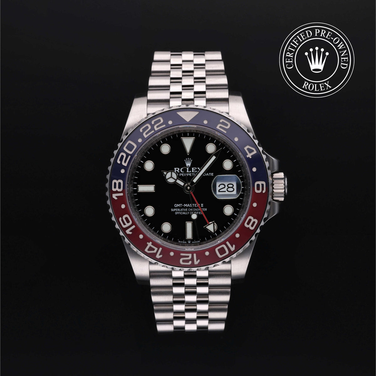 Rolex Certified Pre-Owned GMT-Master II luxury watch with black and red bezel, stainless steel Jubilee bracelet, showcasing fine craftsmanship from a family-owned jeweler. Jewelers for Life.