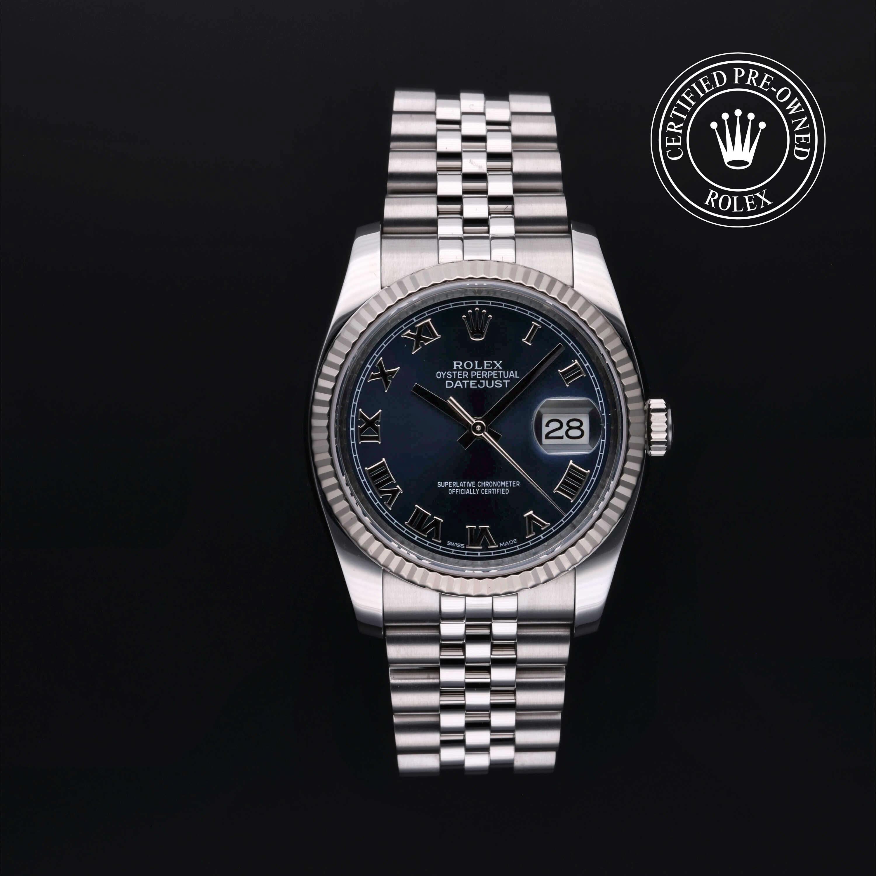 Datejust 36 luxury watch with stainless steel Jubilee bracelet and black dial featuring Roman numerals, offered by a family-owned jeweler specializing in Rolex Certified Pre-Owned watches.