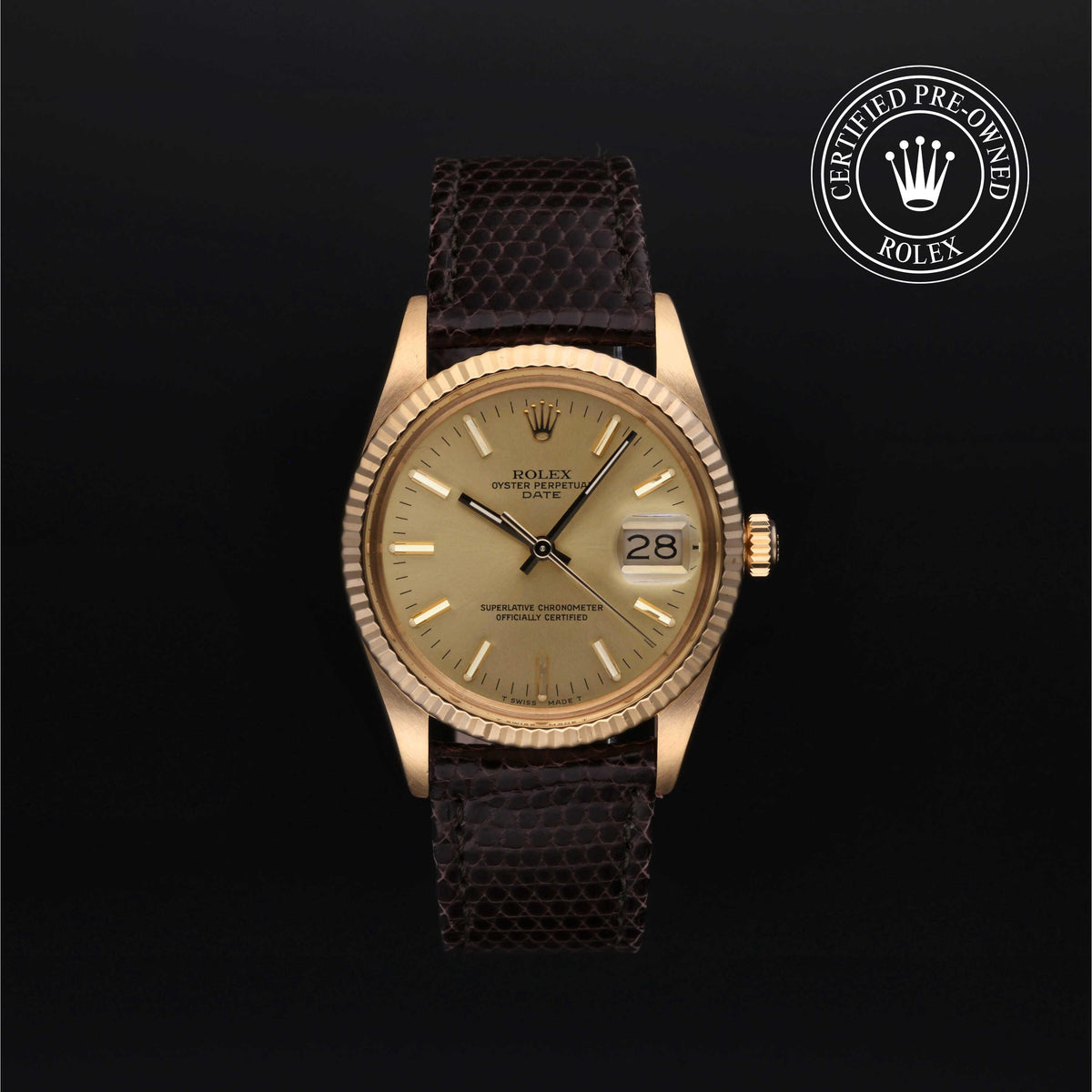 A Rolex wristwatch with a gold-tone case, champagne dial, and dark brown textured strap, shown against a black background with a 'Certified Pre-Owned Rolex' emblem in the top right corner.