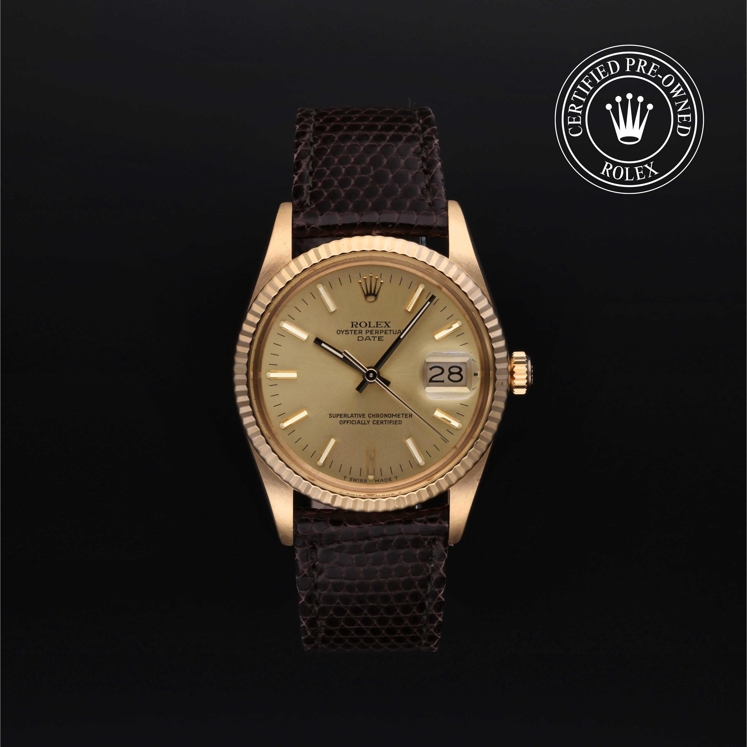 A Rolex wristwatch with a gold-tone case, champagne dial, and dark brown textured strap, shown against a black background with a 'Certified Pre-Owned Rolex' emblem in the top right corner.