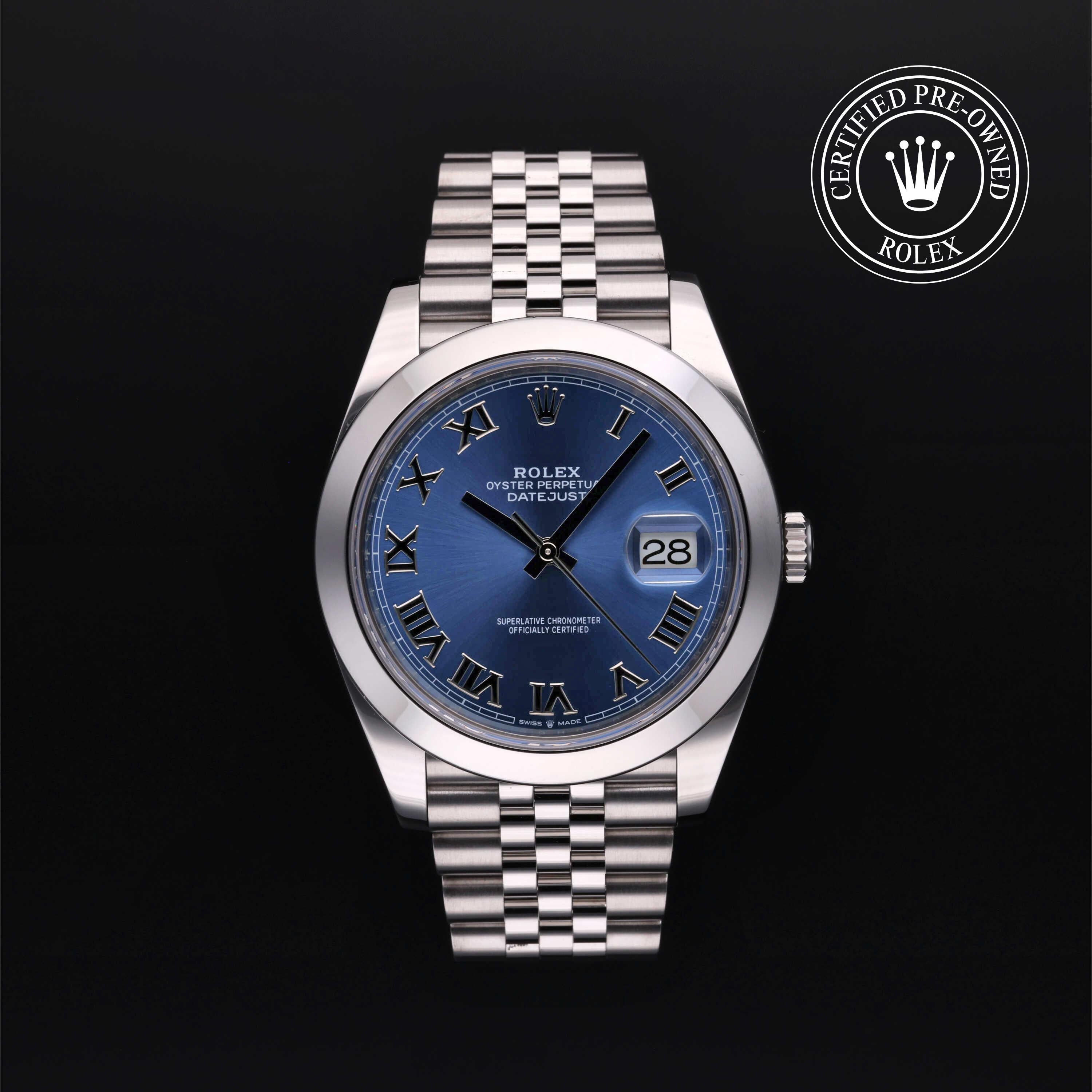 Rolex Datejust wristwatch with a stainless steel Oyster bracelet and a blue dial, shown against a black background with a 'Certified Pre-Owned Rolex' emblem in the top right corner.
